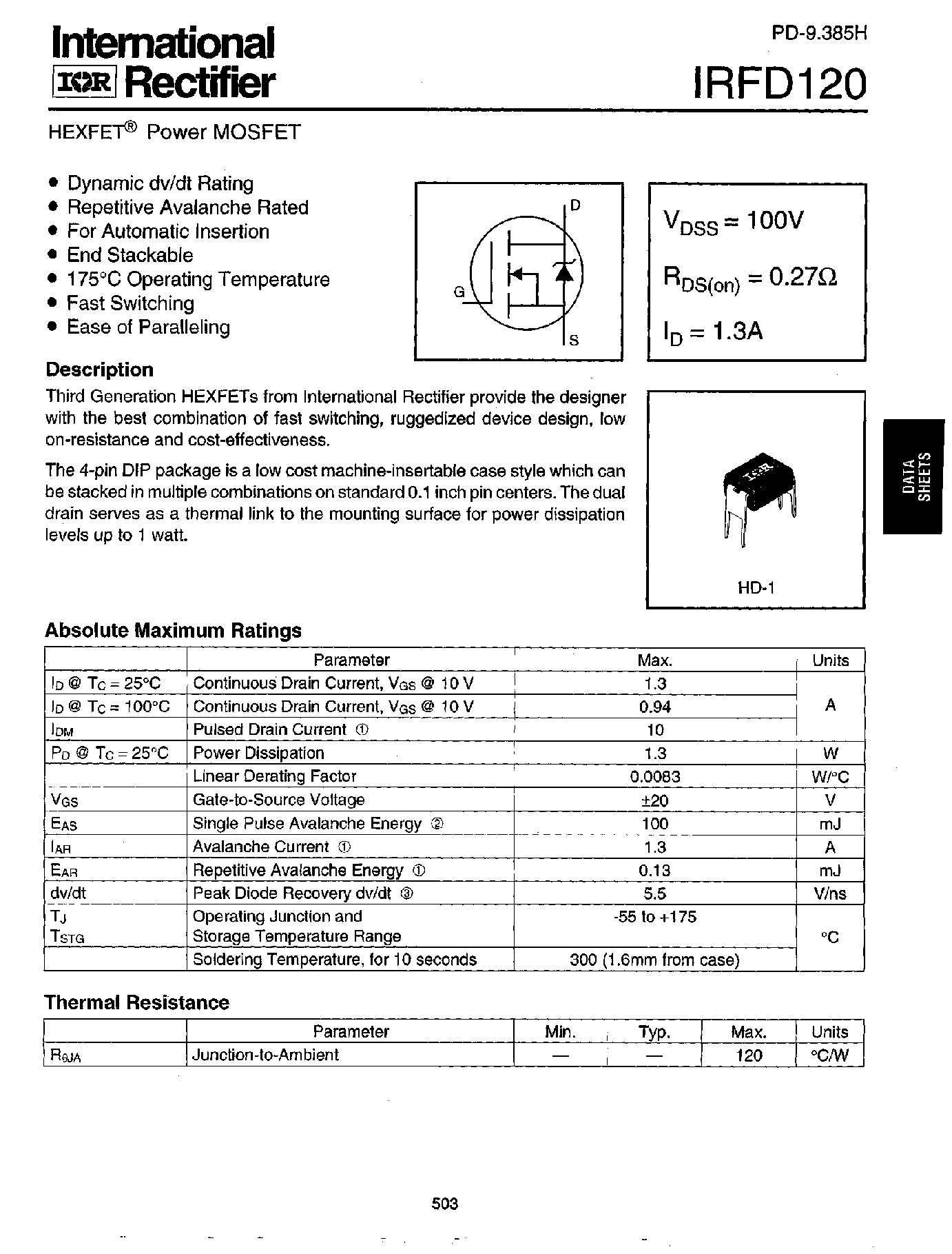 Datasheet IRFD120 - Power MOSFET(Vdss=100V/ Rds(on)=0.27ohm/ Id=1.3A) page 1