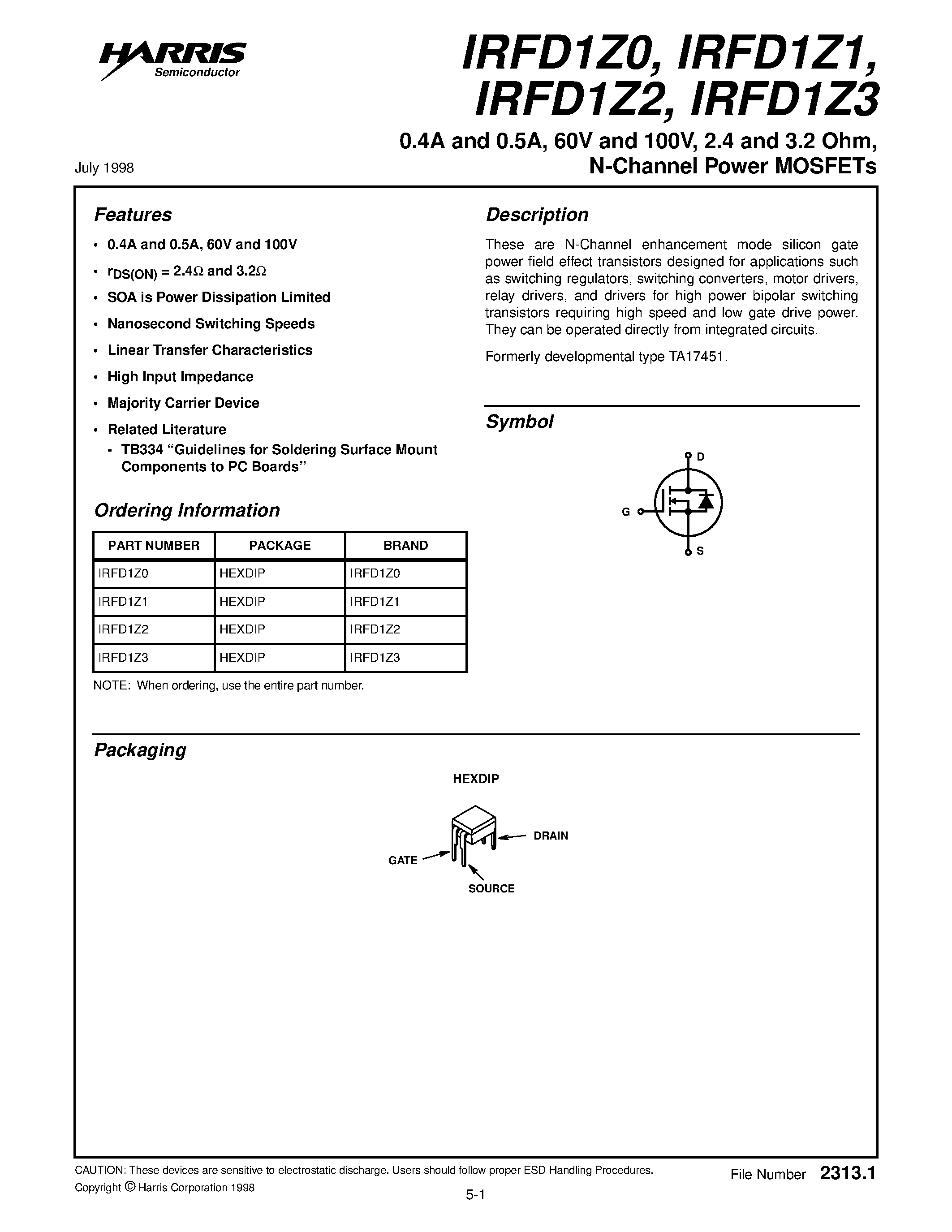 Даташит IRFD1Z3 - 0.4A and 0.5A/ 60V and 100V/ 2.4 and 3.2 Ohm/ N-Channel Power MOSFETs страница 1