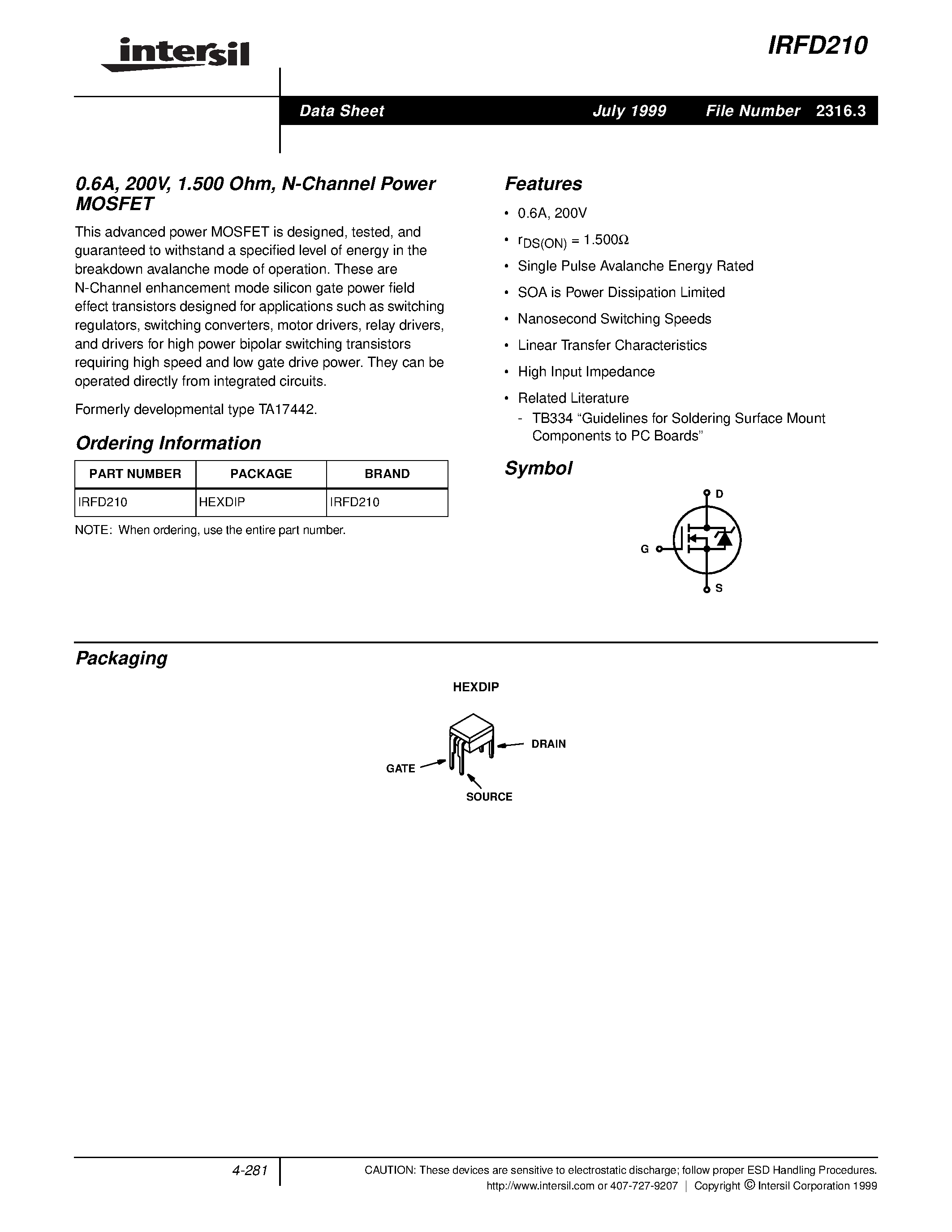 Datasheet IRFD210 - 0.6A/ 200V/ 1.500 Ohm/ N-Channel Power MOSFET page 1