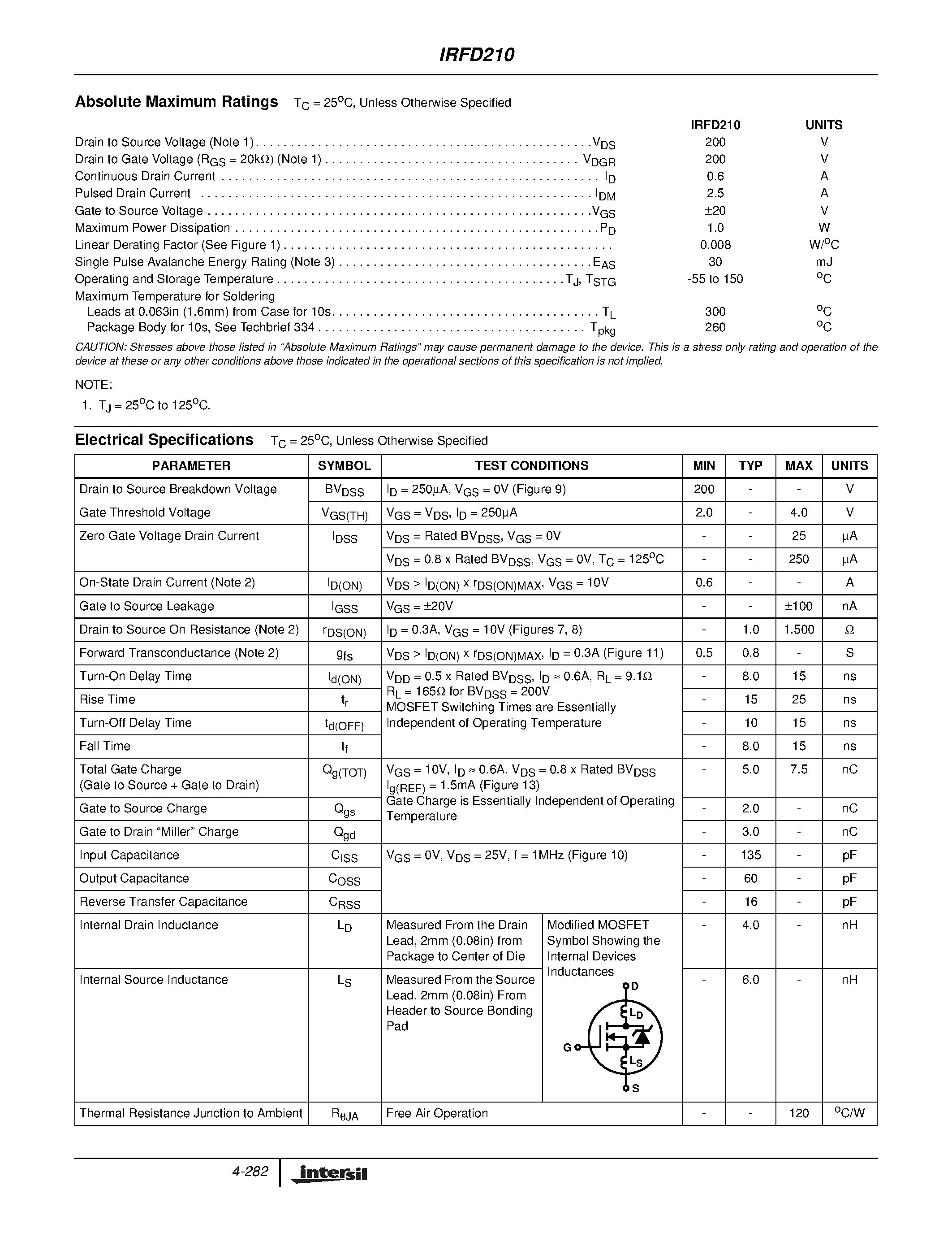 Datasheet IRFD210 - 0.6A/ 200V/ 1.500 Ohm/ N-Channel Power MOSFET page 2