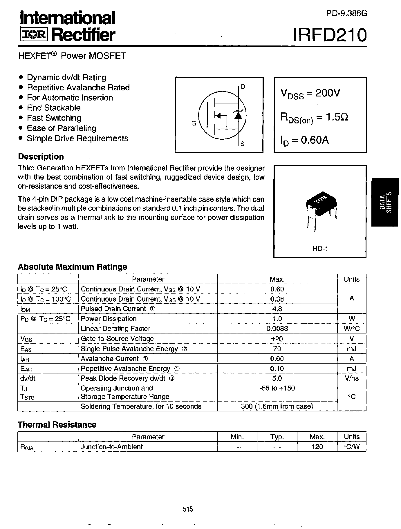 Datasheet IRFD210 - Power MOSFET(Vdss=200V/ Rds(on)=1.5ohm/ Id=0.60A) page 1