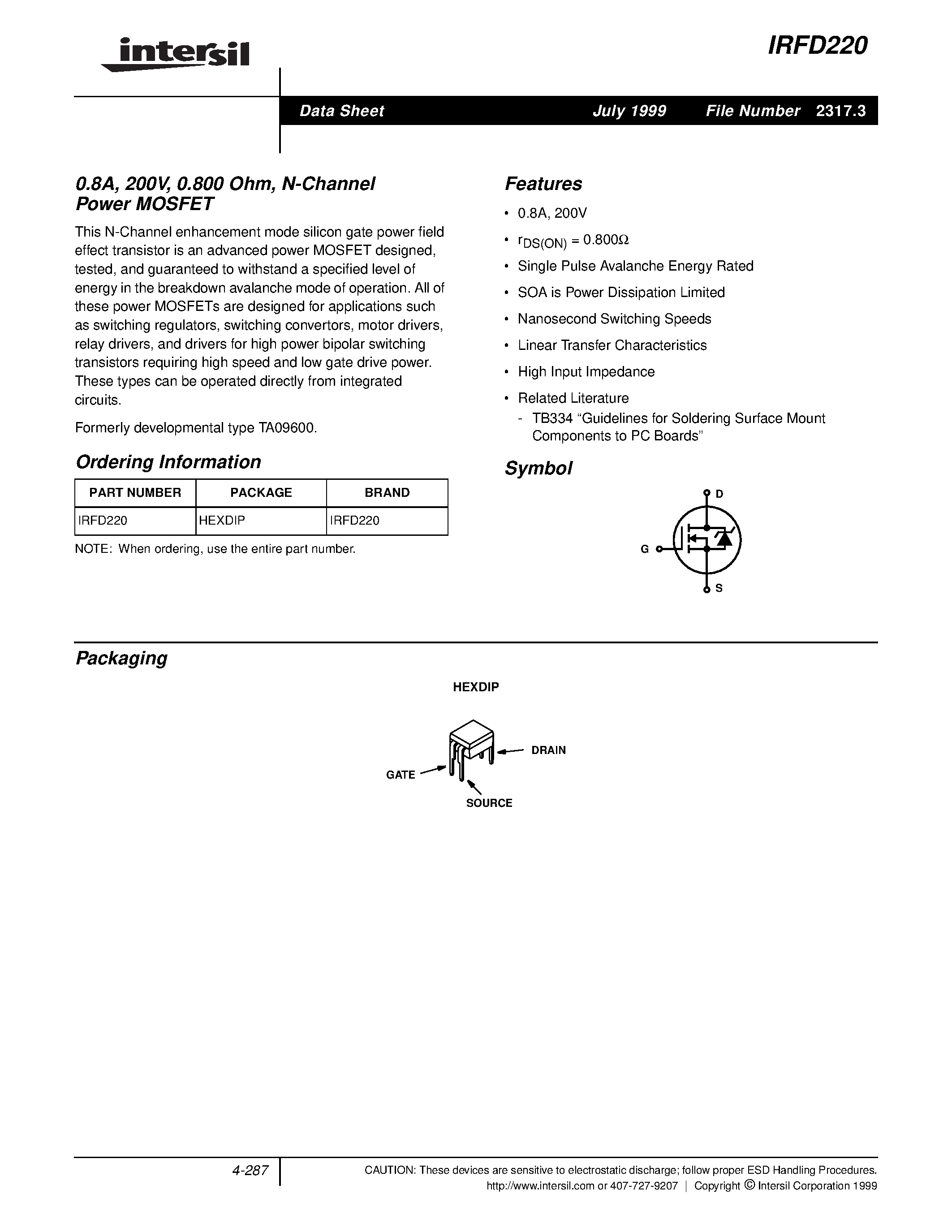 Datasheet IRFD220 - 0.8A/ 200V/ 0.800 Ohm/ N-Channel Power MOSFET page 1
