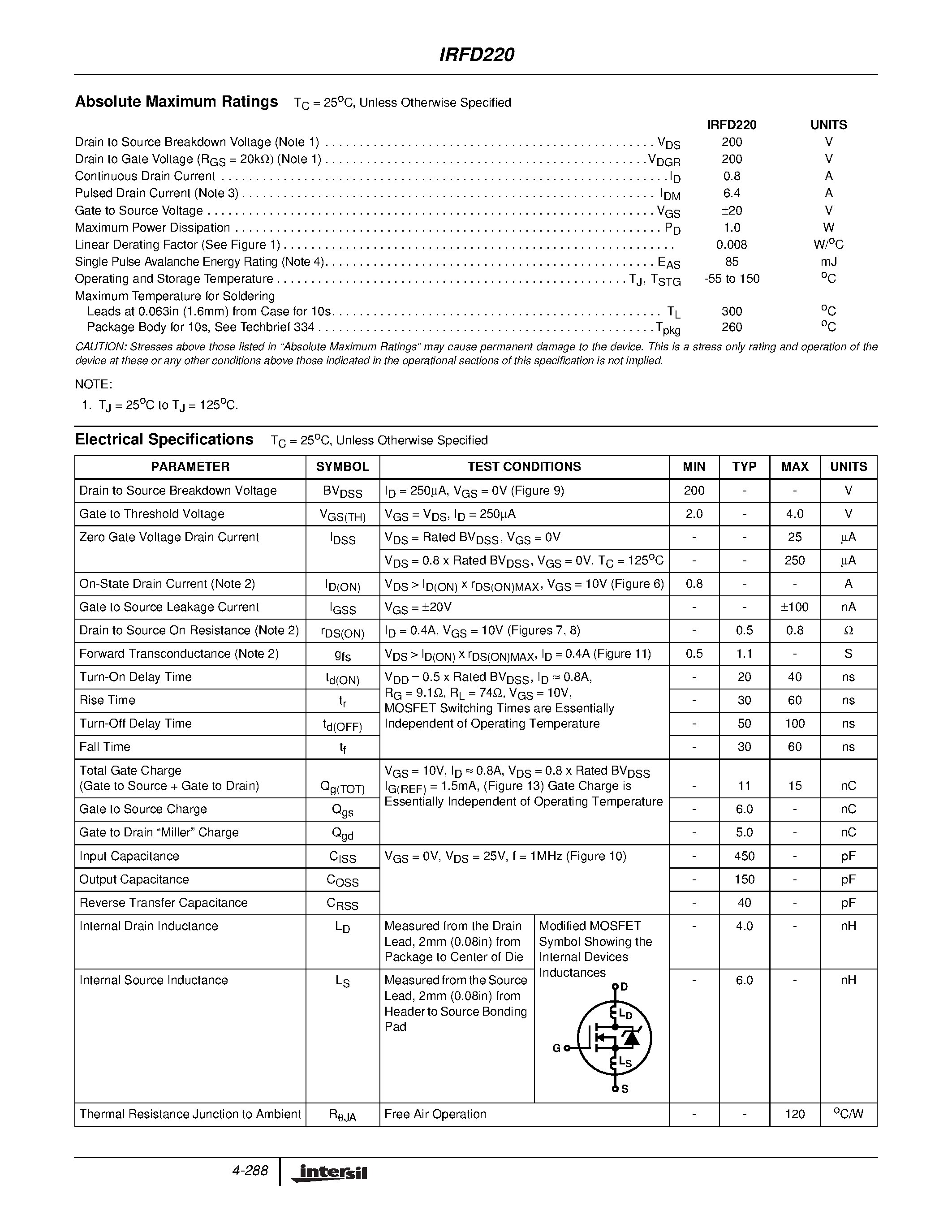 Datasheet IRFD220 - 0.8A/ 200V/ 0.800 Ohm/ N-Channel Power MOSFET page 2