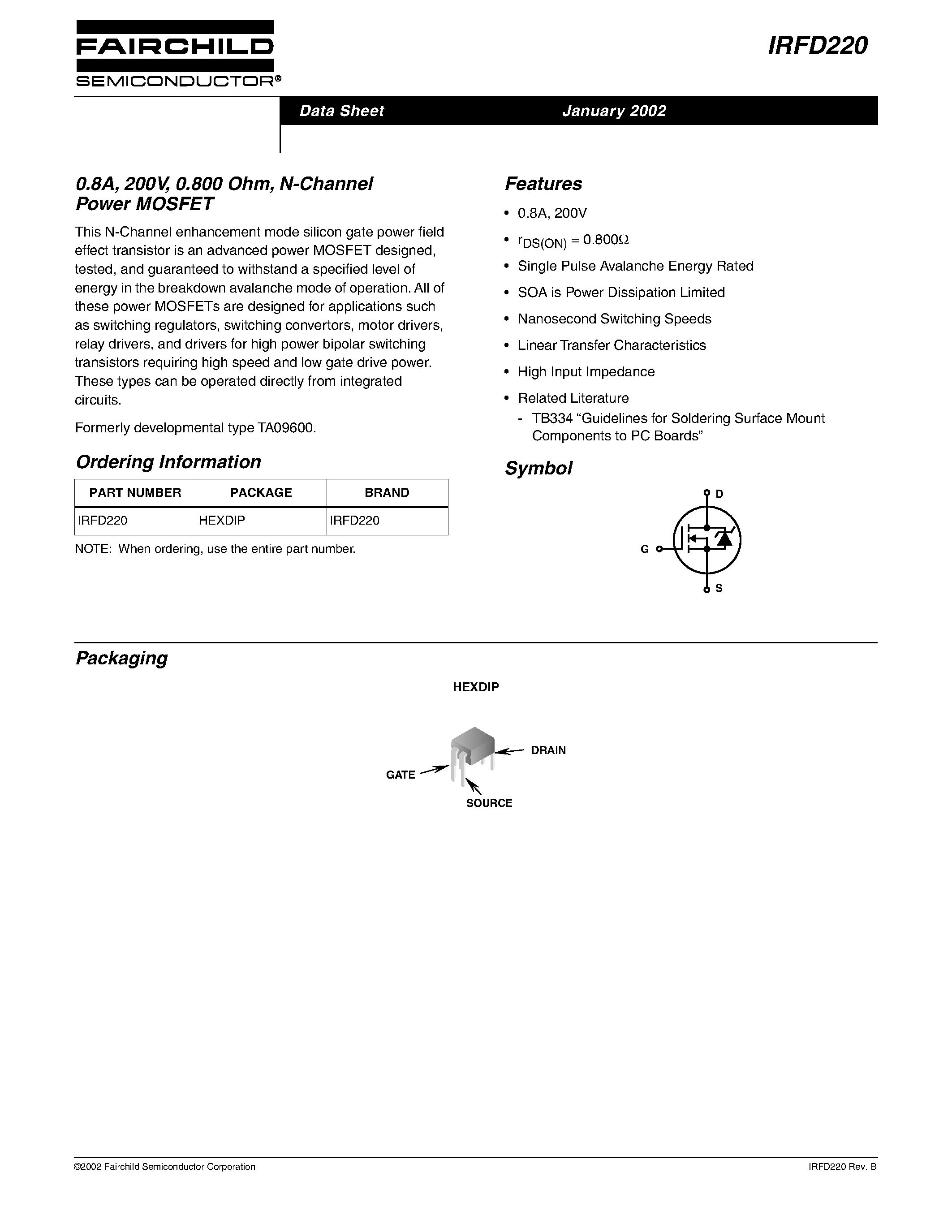 Datasheet IRFD220 - 0.8A/ 200V/ 0.800 Ohm/ N-Channel Power MOSFET page 1