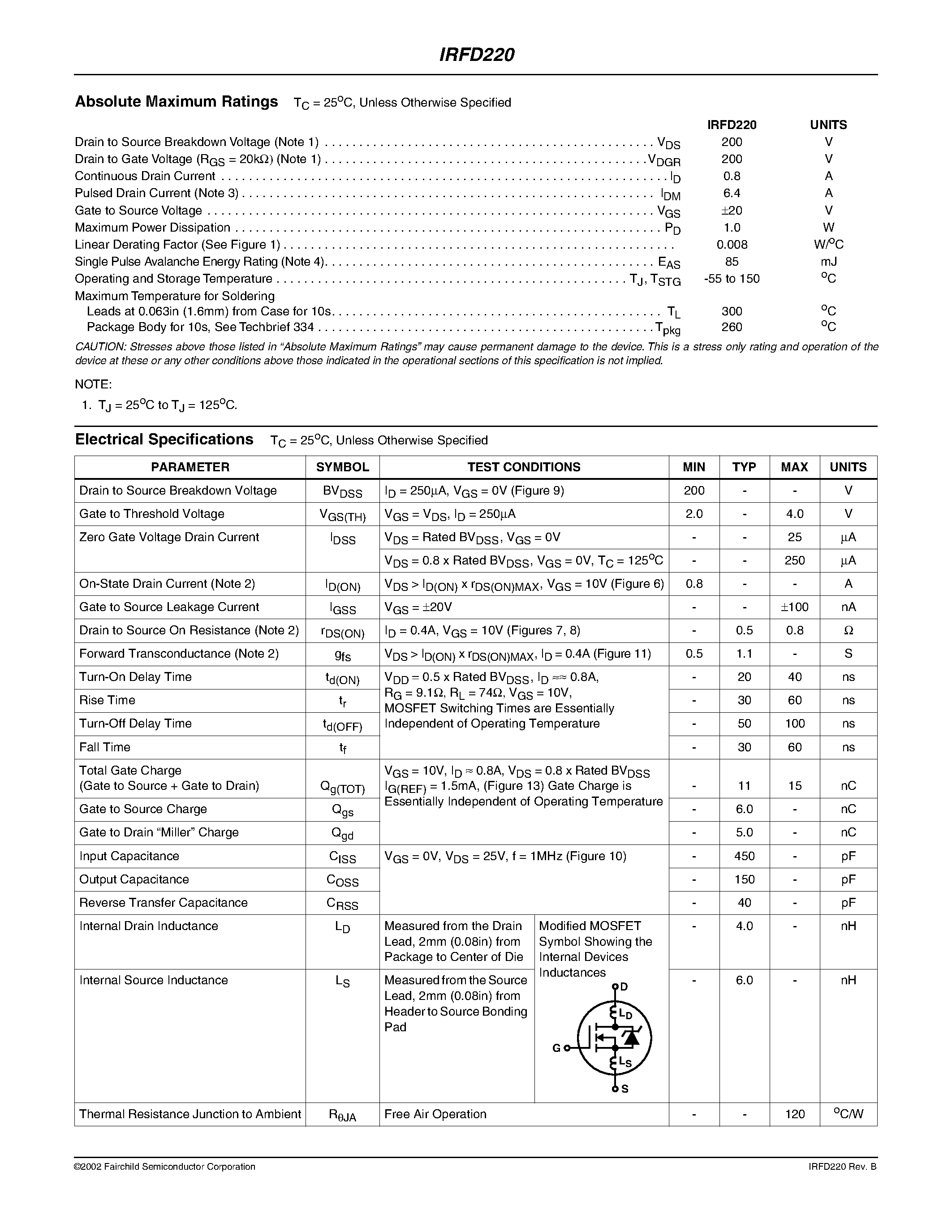 Datasheet IRFD220 - 0.8A/ 200V/ 0.800 Ohm/ N-Channel Power MOSFET page 2