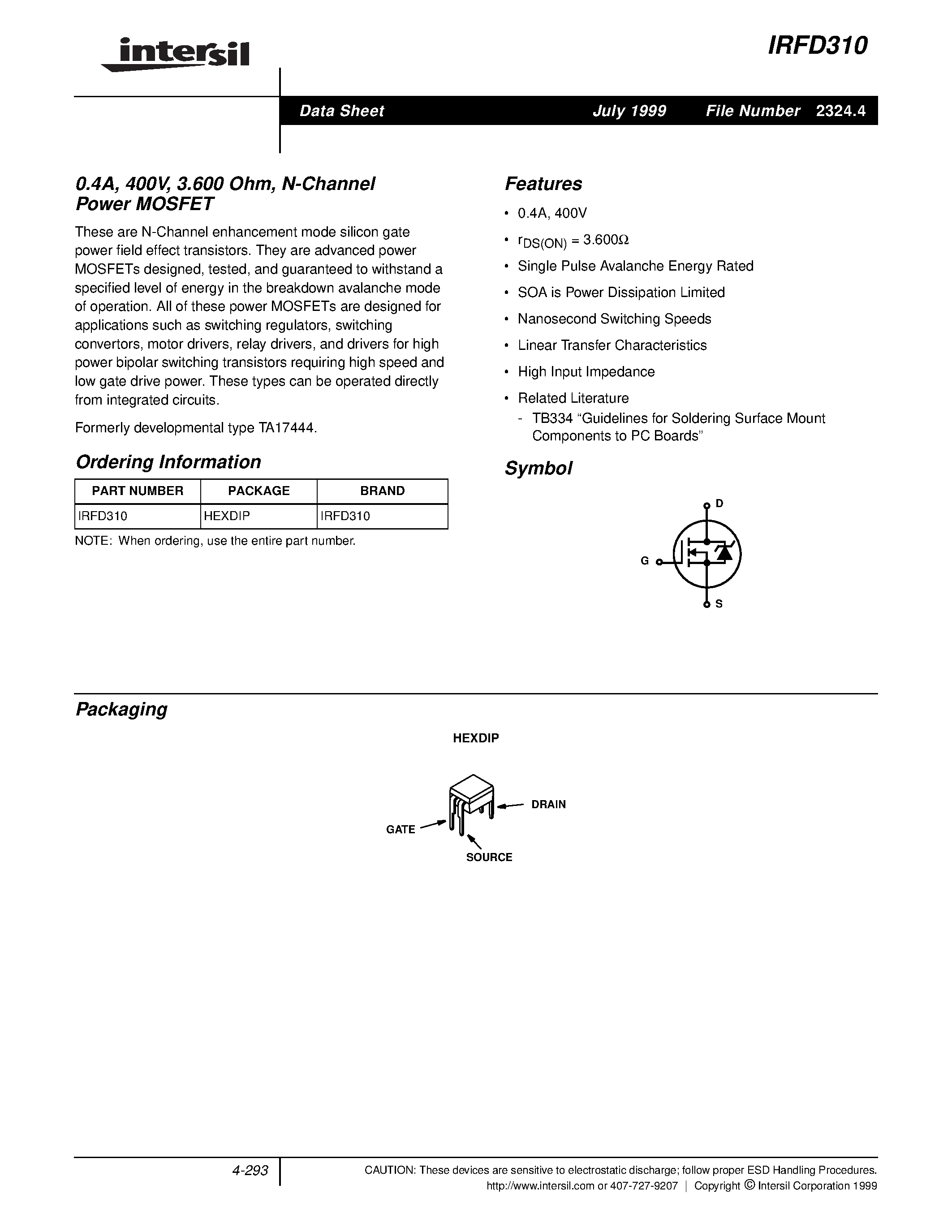 Datasheet IRFD310 - 0.4A/ 400V/ 3.600 Ohm/ N-Channel Power MOSFET page 1