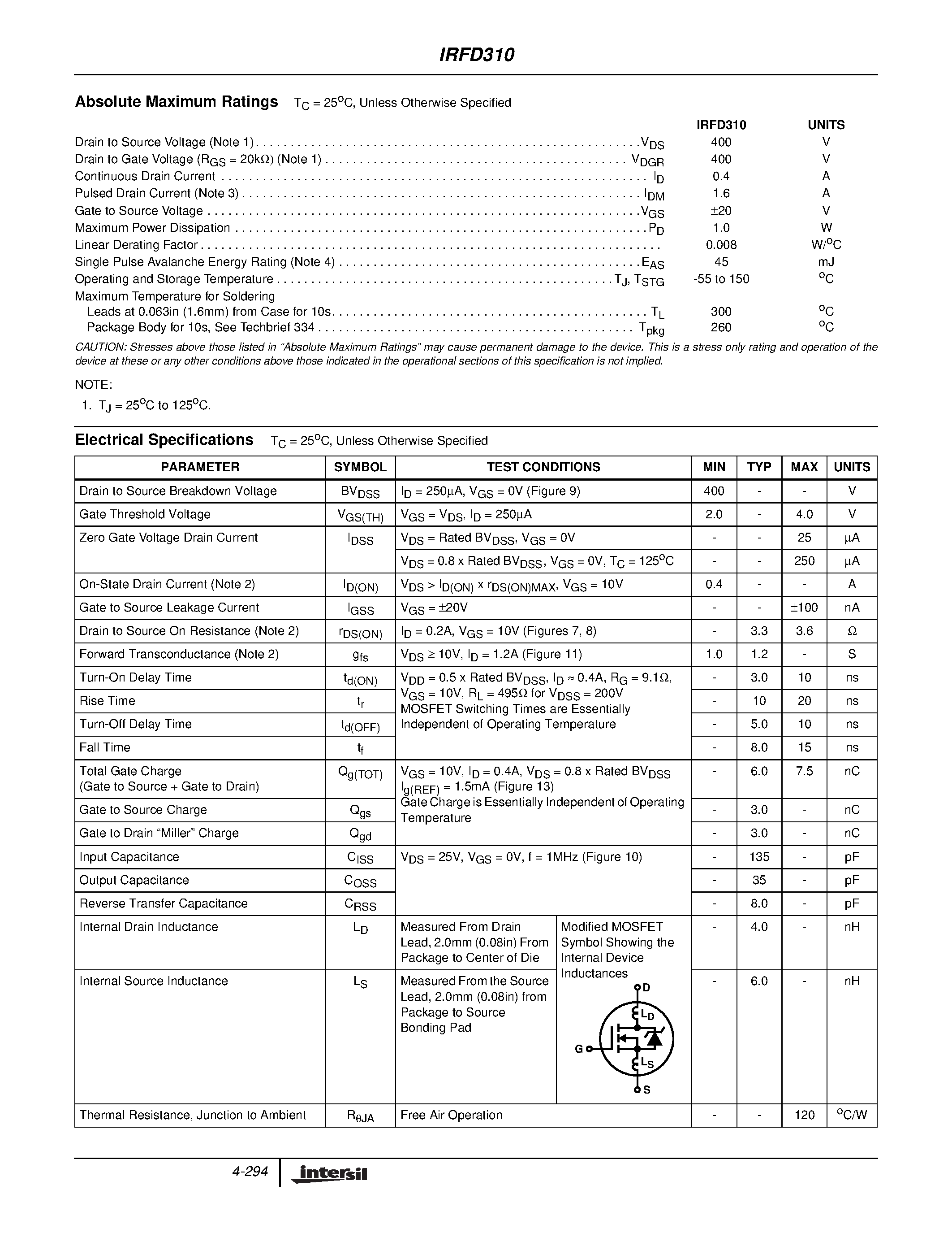 Datasheet IRFD310 - 0.4A/ 400V/ 3.600 Ohm/ N-Channel Power MOSFET page 2