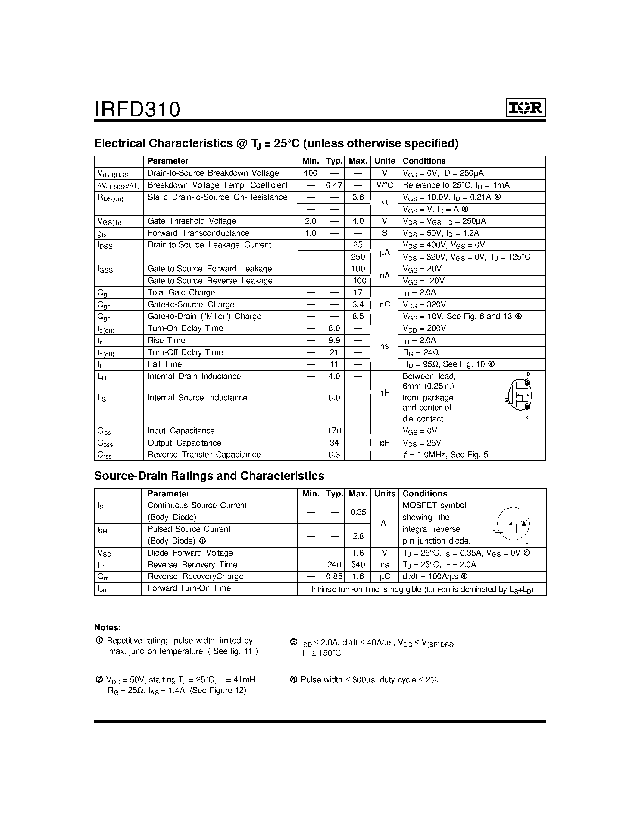 Datasheet IRFD310 - Power MOSFET(Vdss=400V/ Rds(on)=3.6ohm/ Id=0.35A) page 2