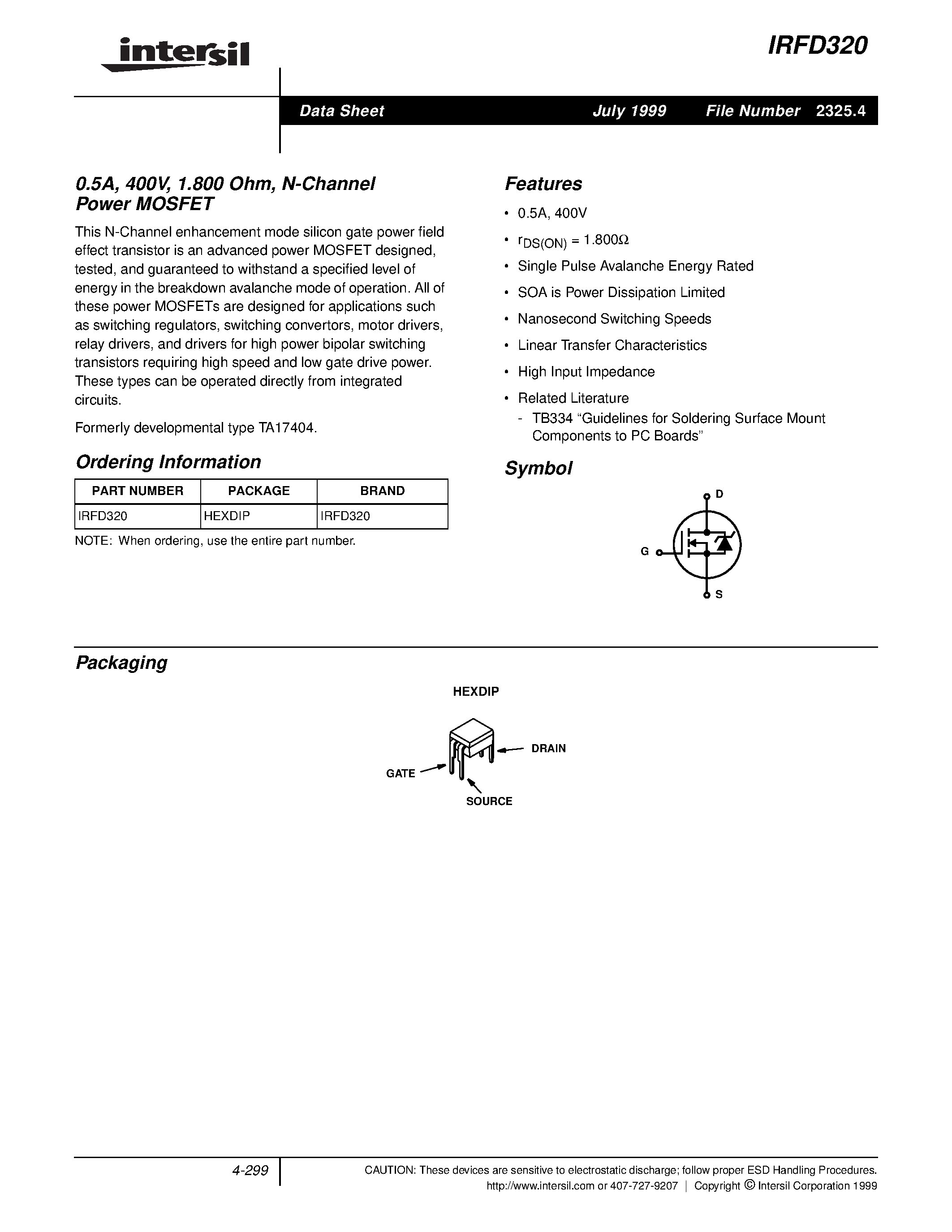 Datasheet IRFD320 - 0.5A/ 400V/ 1.800 Ohm/ N-Channel Power MOSFET page 1