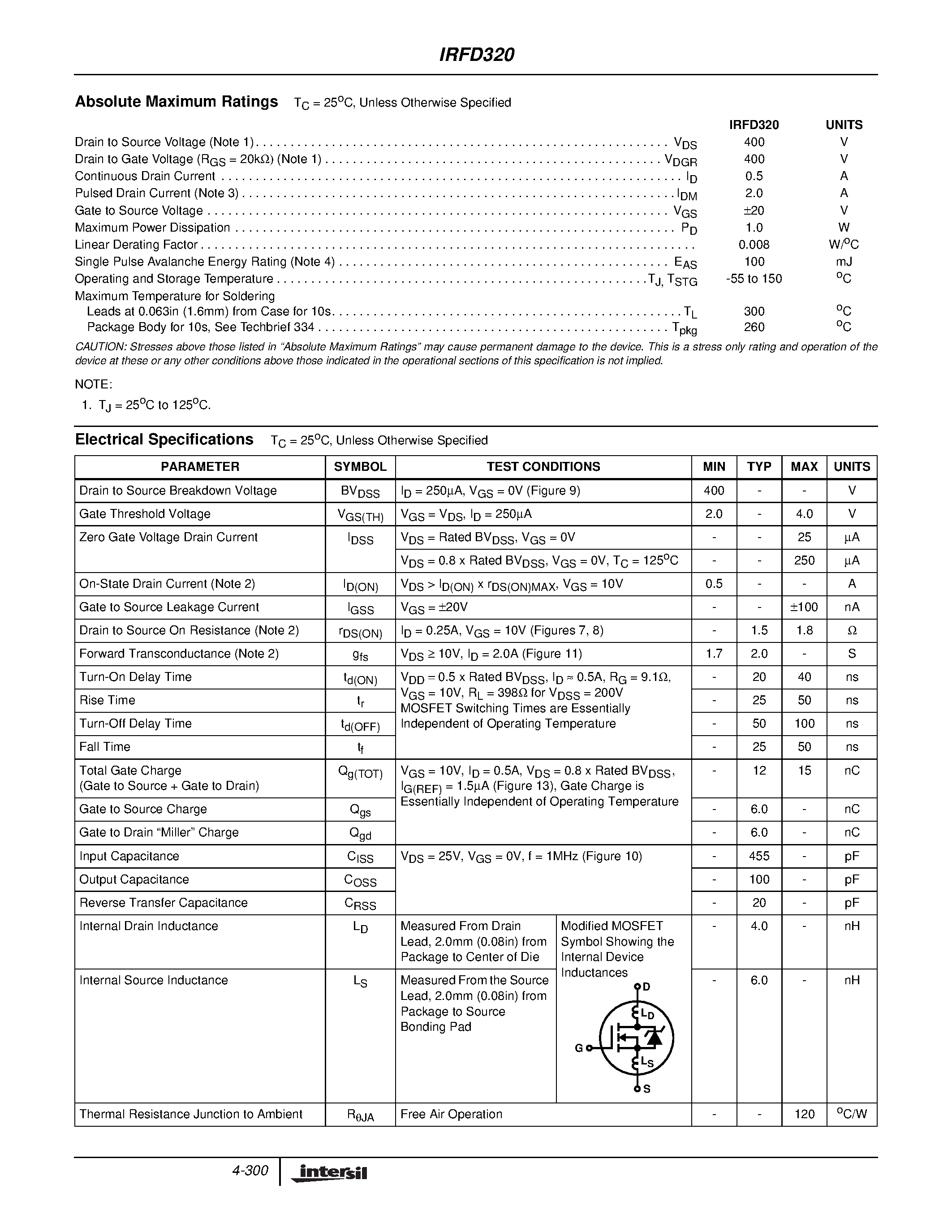 Datasheet IRFD320 - 0.5A/ 400V/ 1.800 Ohm/ N-Channel Power MOSFET page 2