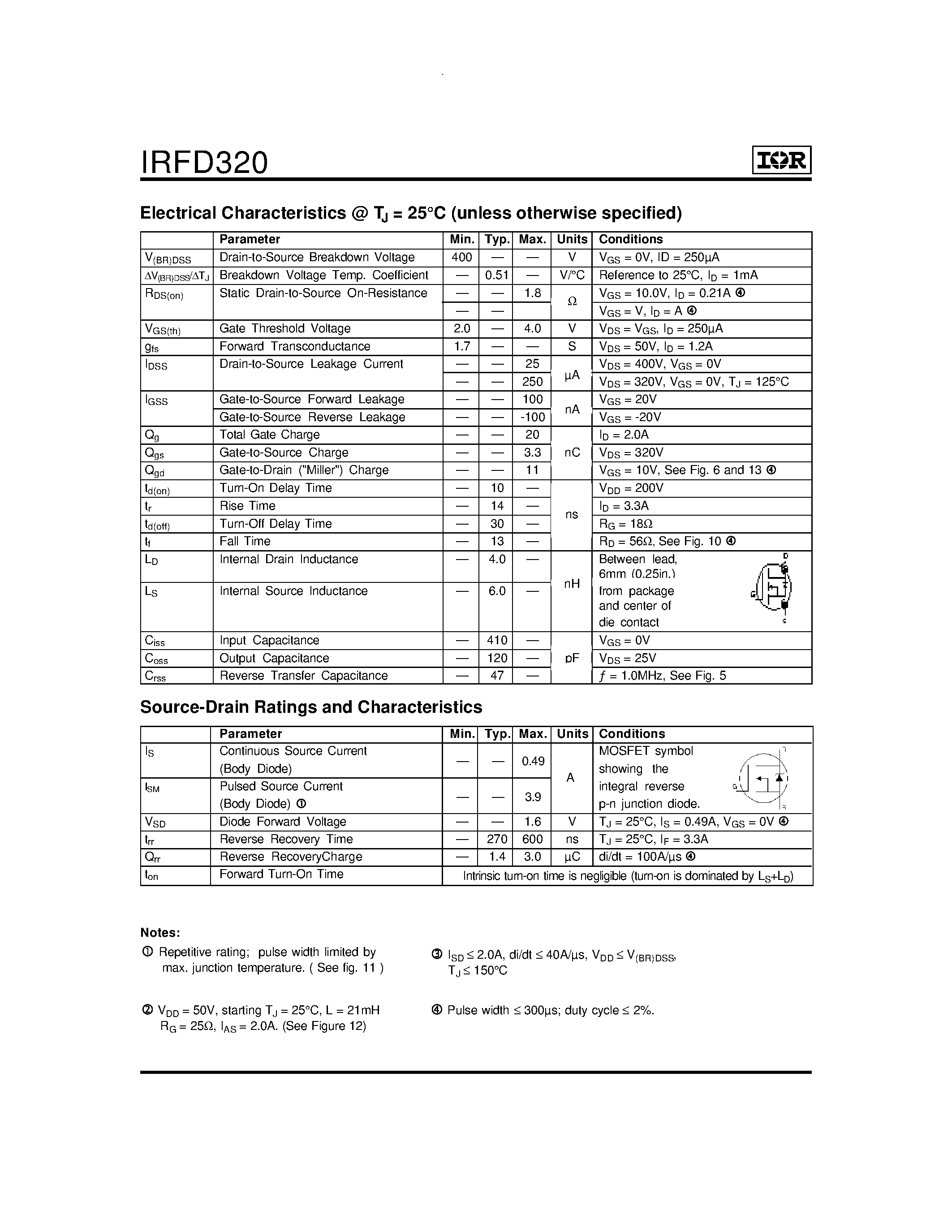 Datasheet IRFD320 - Power MOSFET(Vdss=400V/ Rds(on)=1.8ohm/ Id=0.49A) page 2