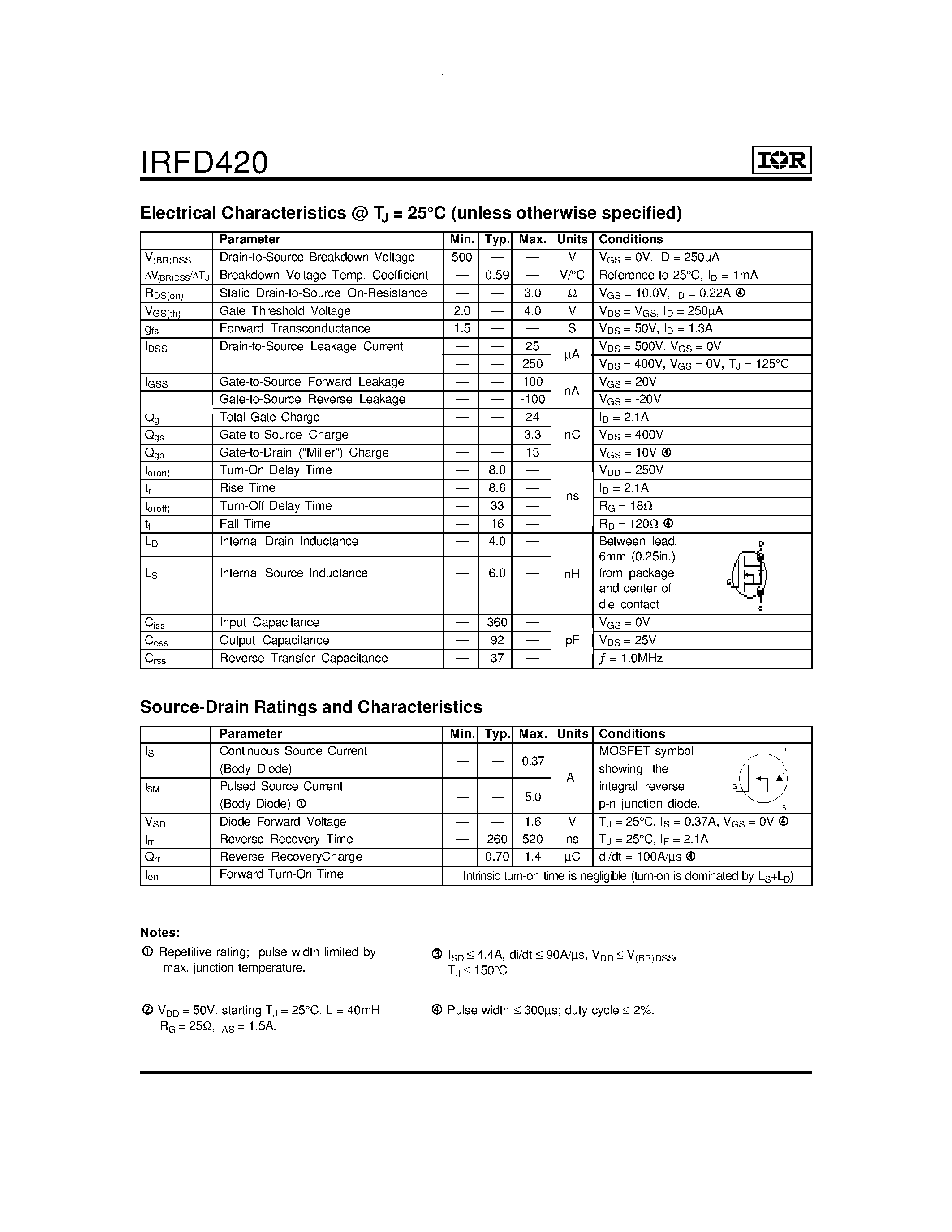 Datasheet IRFD420 - Power MOSFET(Vdss=500V/ Rds(on)=3.0ohm/ Id=0.37A) page 2