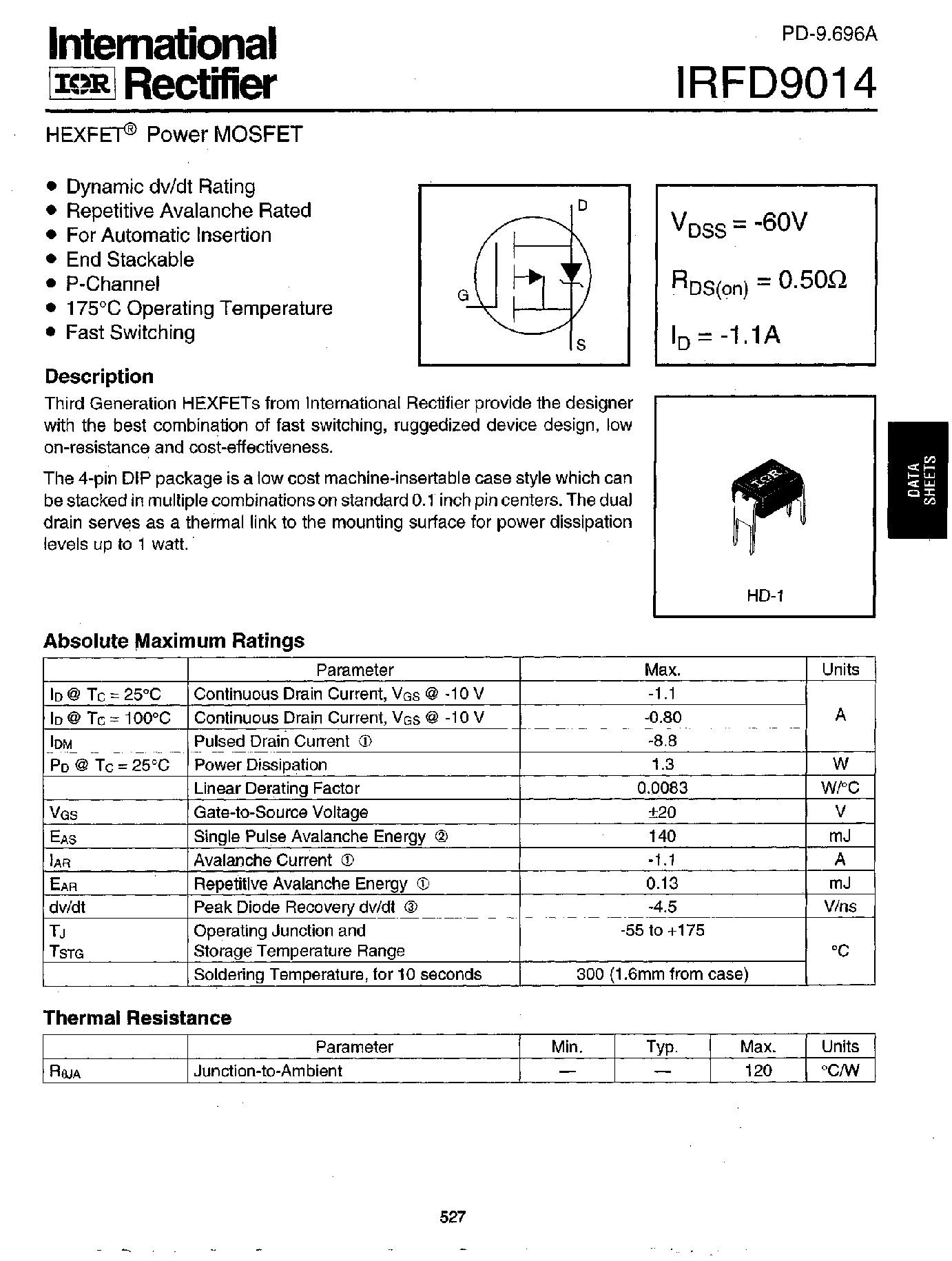 Datasheet IRFD9014 - Power MOSFET(Vdss=-60V/ Rds(on)=0.50ohm/ Id=-1.1A) page 1