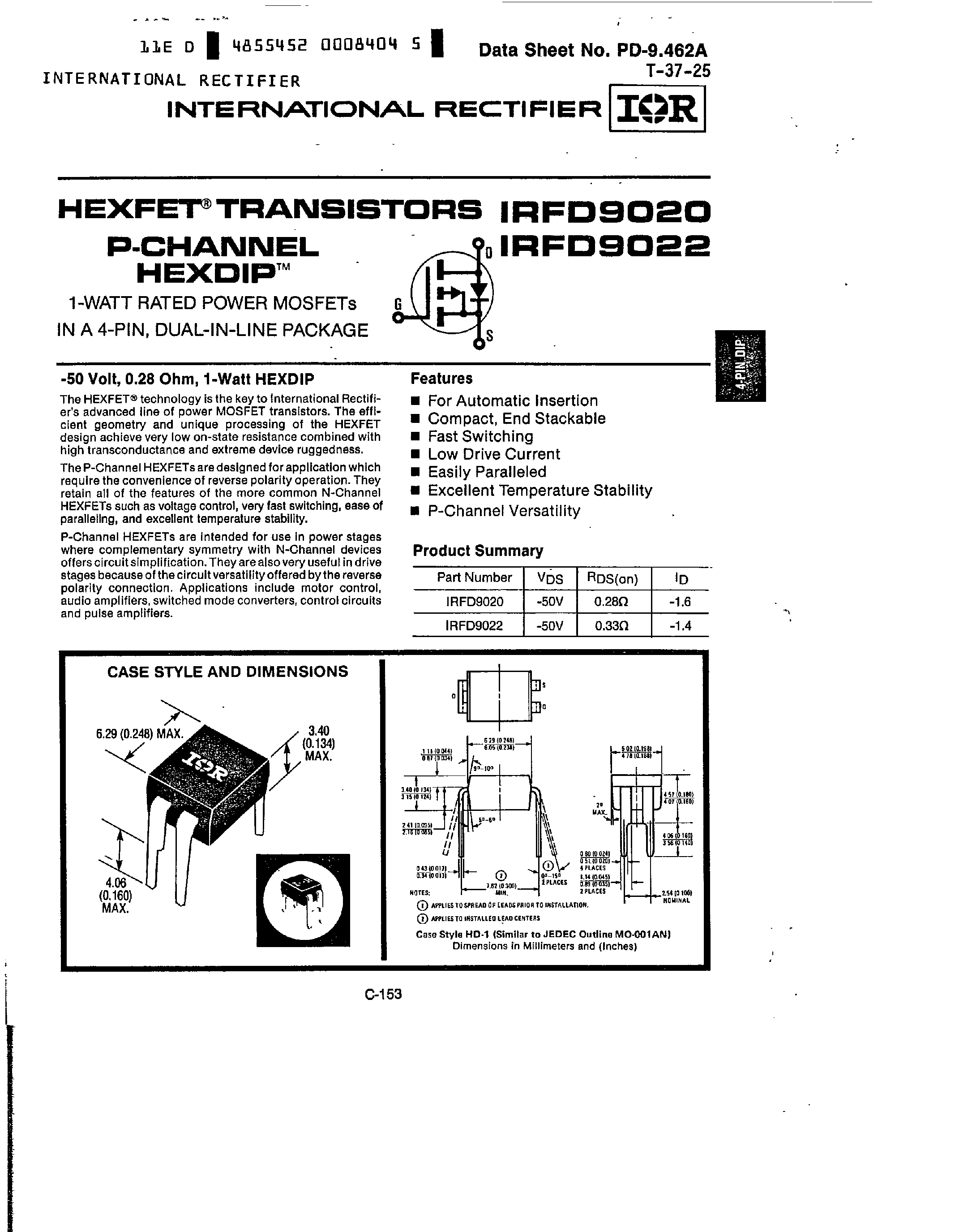 Datasheet IRFD9020 - HEXFET TRANSISTORS P CHANNEL HEXDIP page 1