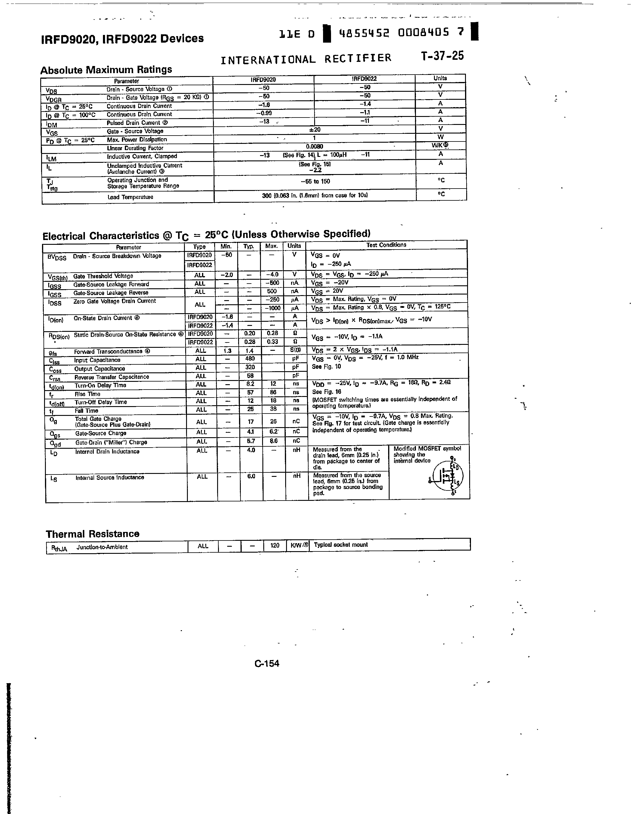 Datasheet IRFD9022 - HEXFET TRANSISTORS P CHANNEL HEXDIP page 2