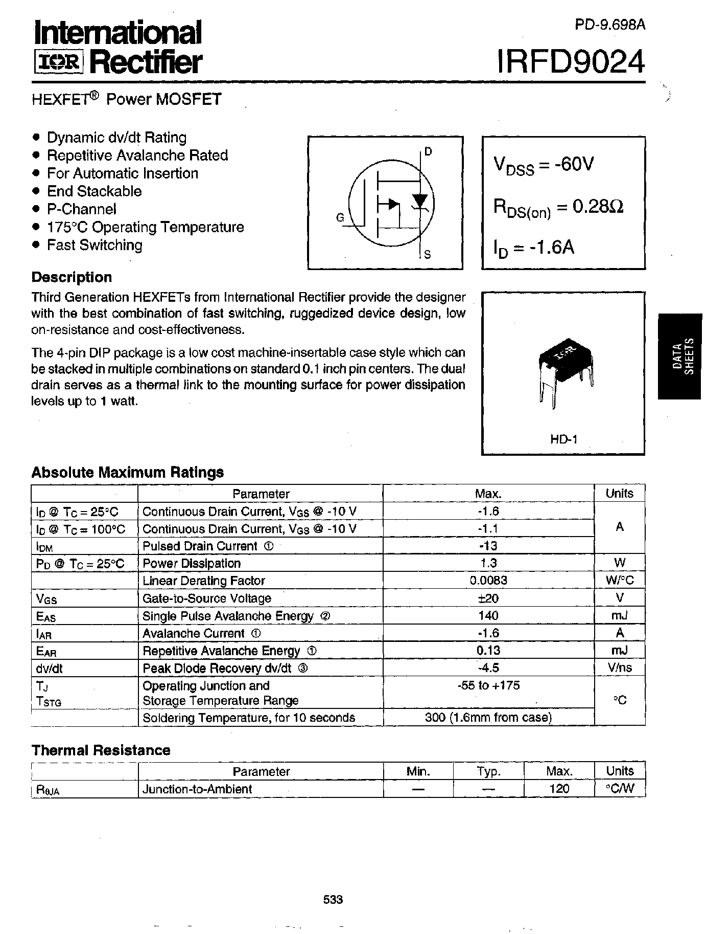 Datasheet IRFD9024 - Power MOSFET(Vdss=-60V/ Rds(on)=0.28ohm/ Id=-1.6A) page 1