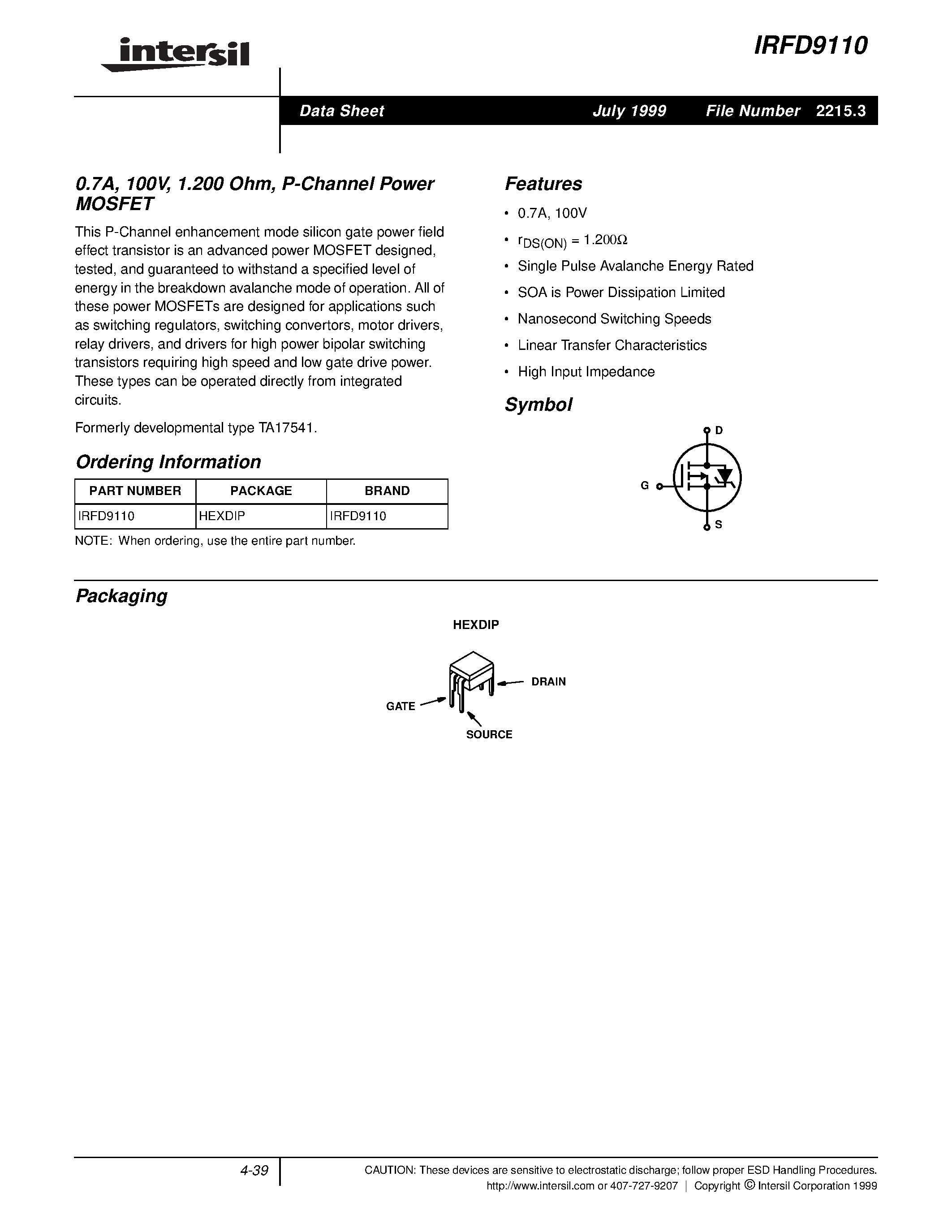 Datasheet IRFD9110 page 1 Datasheet IRFD9110 - 0.7A/ 100V/ 1.200 Ohm/ P-Channel Power MOSFET page 1
