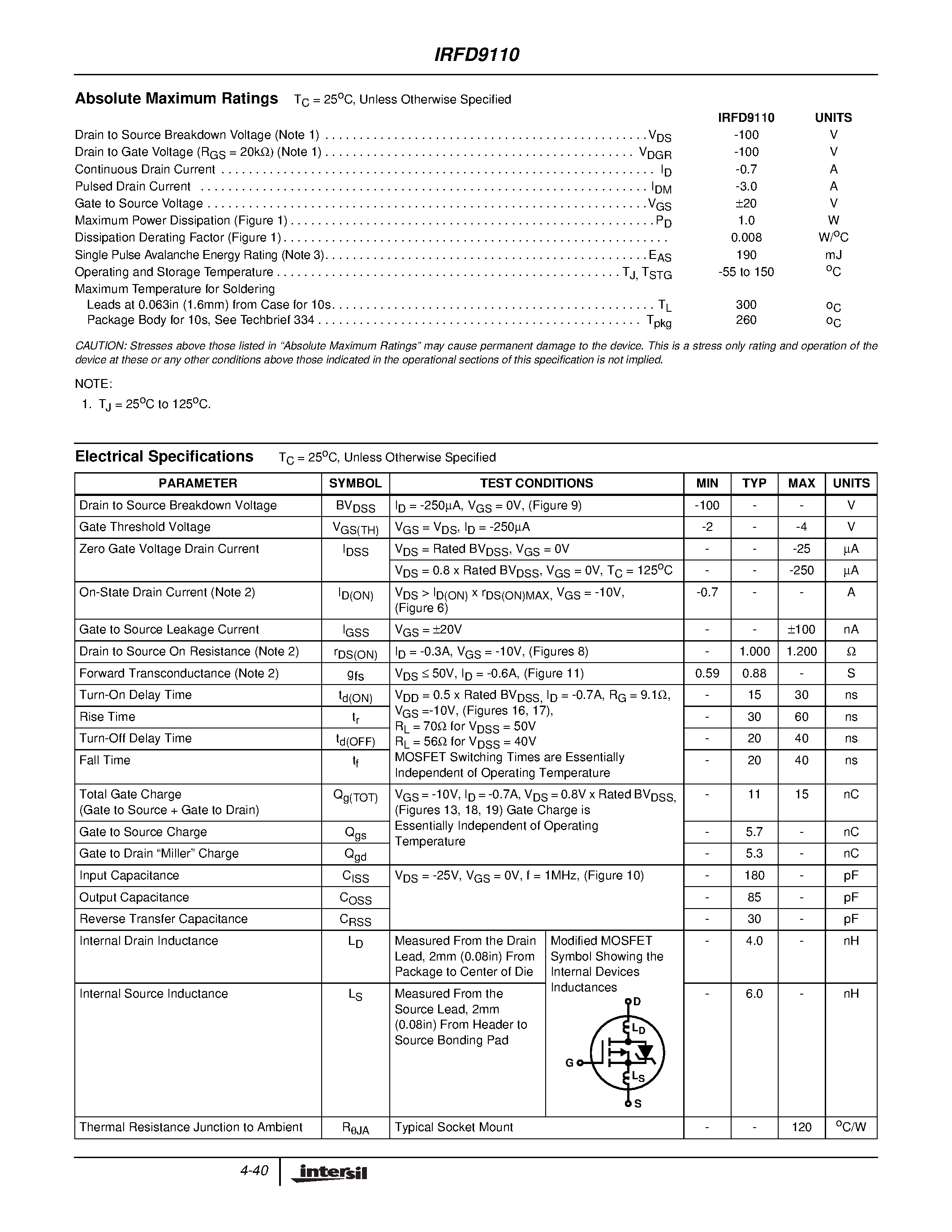 Datasheet IRFD9110 page 2 Datasheet IRFD9110 - 0.7A/ 100V/ 1.200 Ohm/ P-Channel Power MOSFET page 2