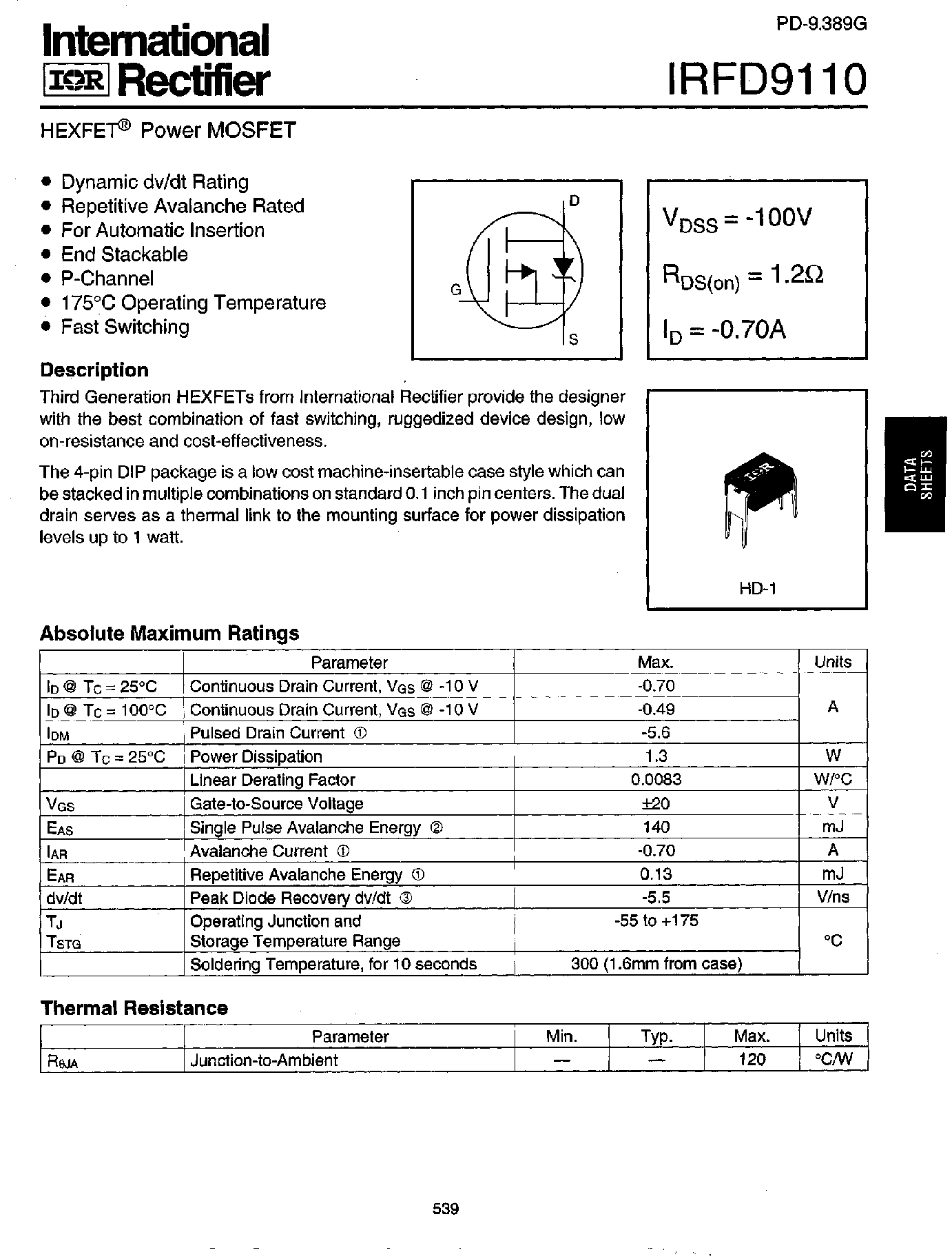 Datasheet IRFD9110 - Power MOSFET(Vdss=-100V/ Rds(on)=1.2ohm/ Id=-0.70A) page 1