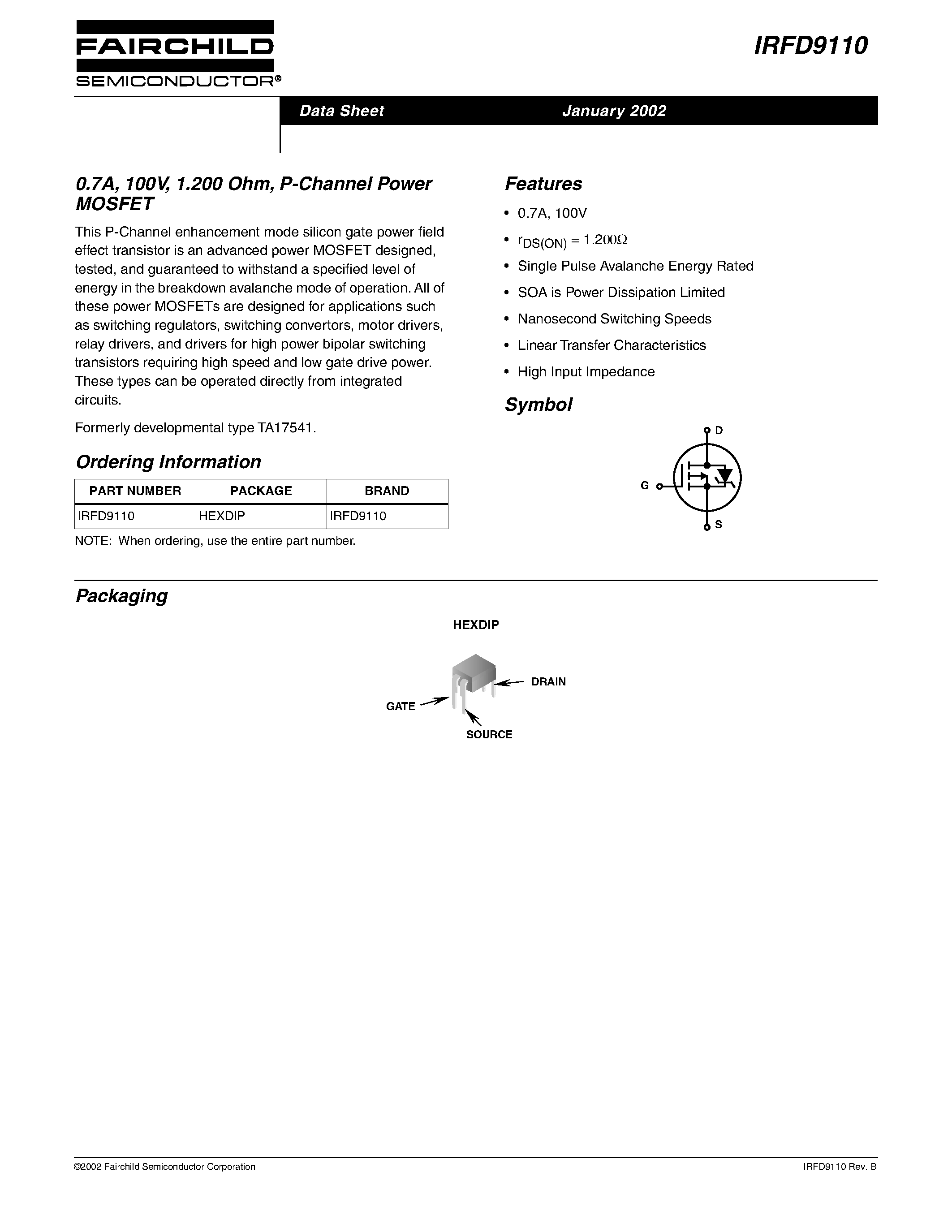 Datasheet IRFD9110 page 1 Datasheet IRFD9110 - 0.7A/ 100V/ 1.200 Ohm/ P-Channel Power MOSFET page 1