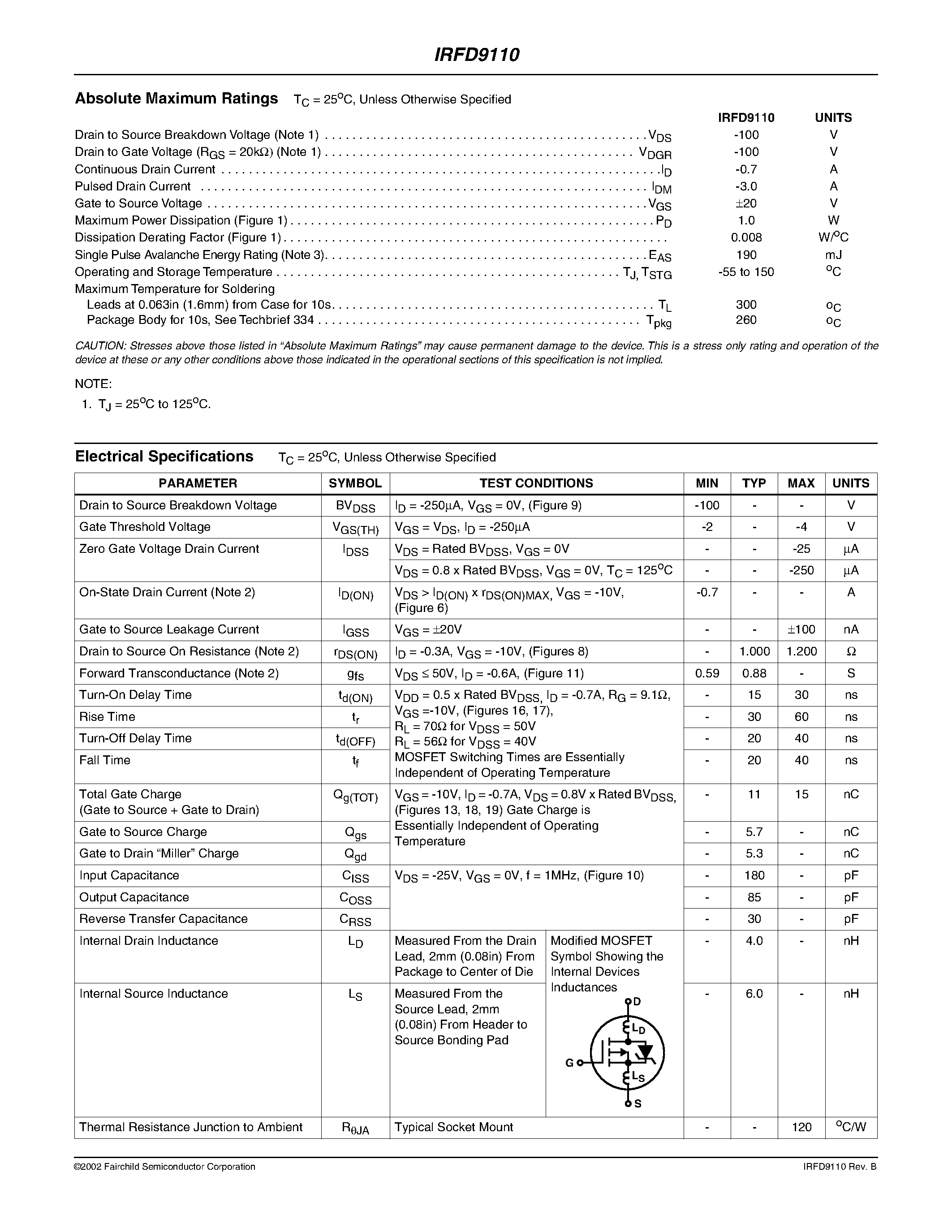 Datasheet IRFD9110 page 2 Datasheet IRFD9110 - 0.7A/ 100V/ 1.200 Ohm/ P-Channel Power MOSFET page 2