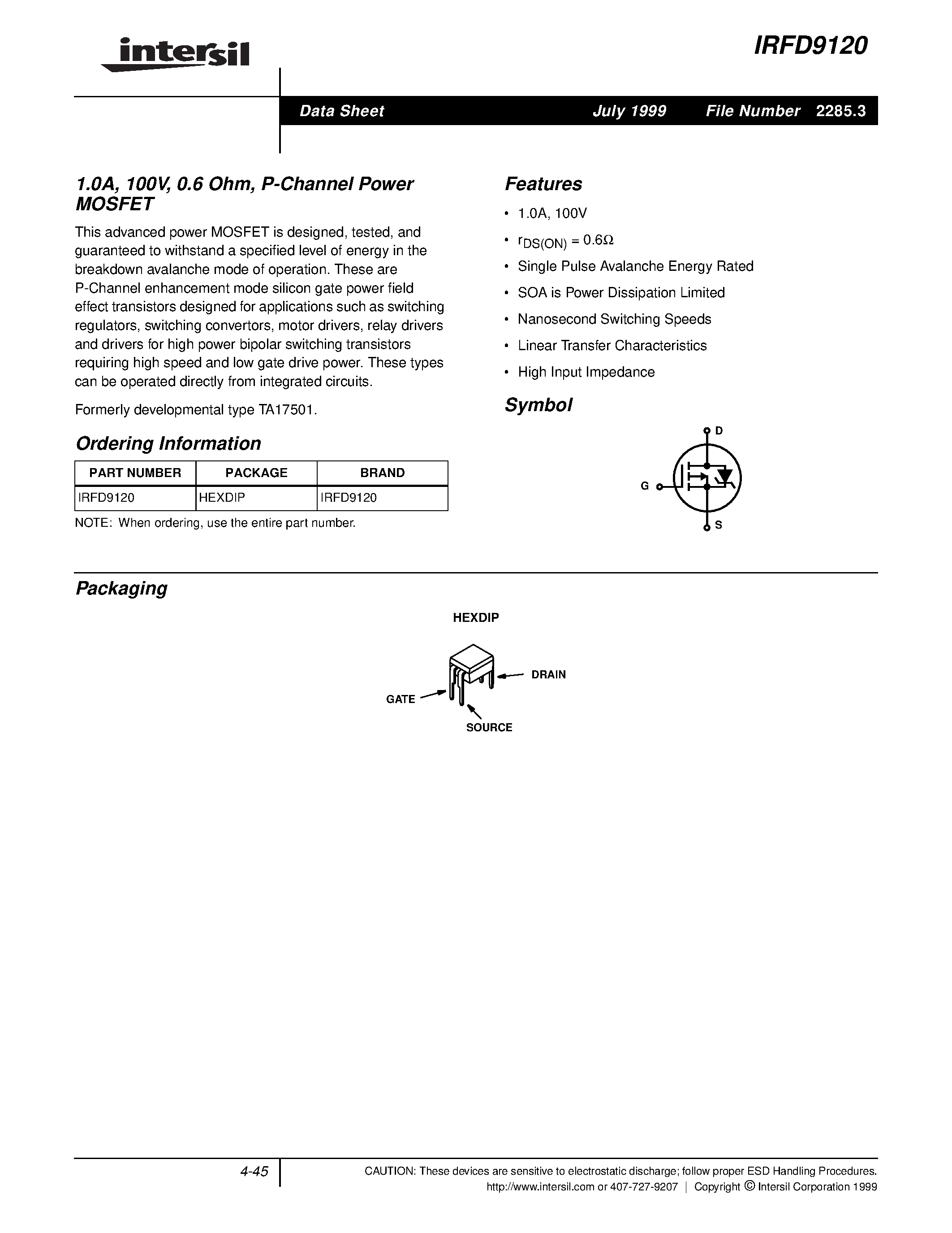 Datasheet IRFD9120 - 1.0A/ 100V/ 0.6 Ohm/ P-Channel Power MOSFET page 1