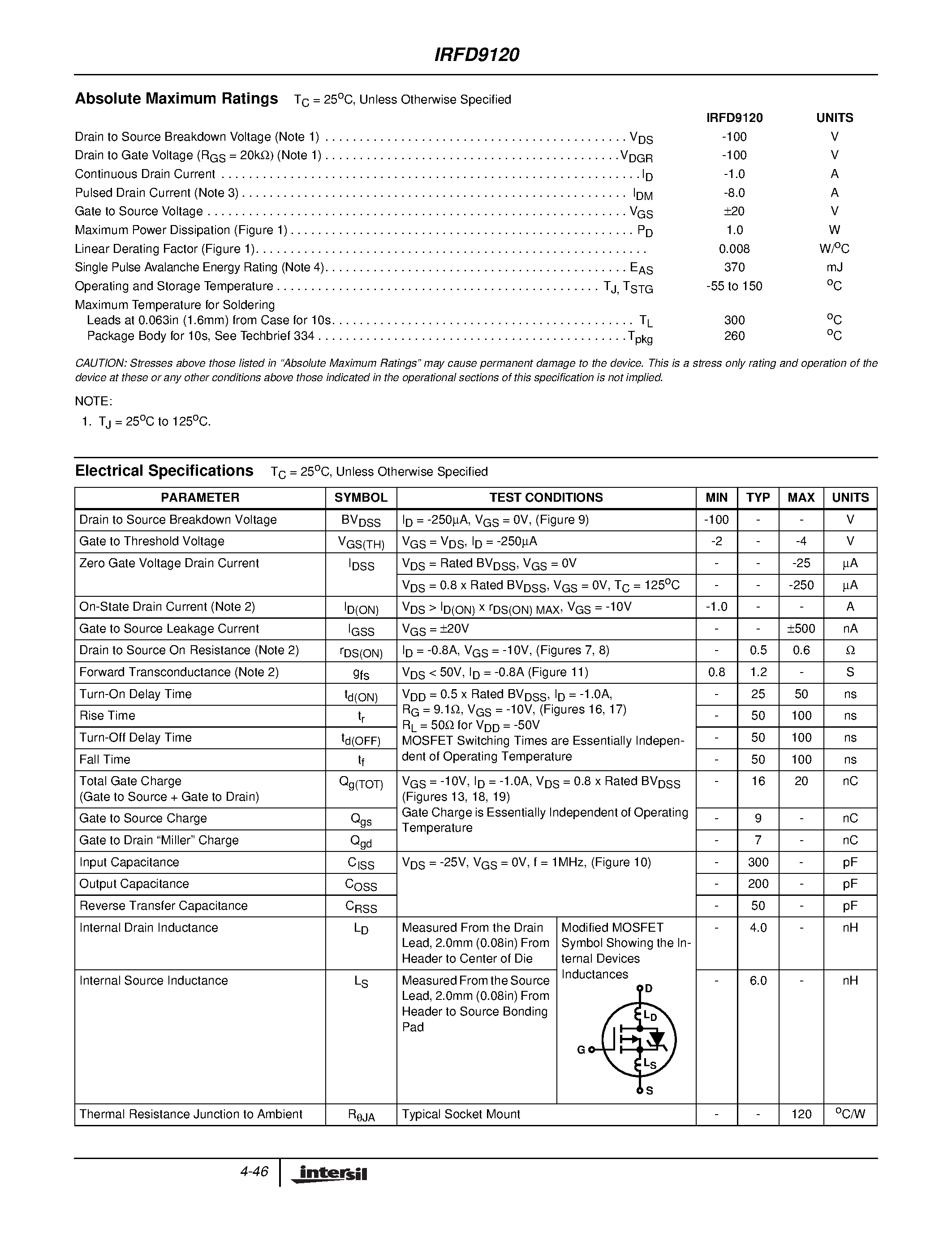 Datasheet IRFD9120 - 1.0A/ 100V/ 0.6 Ohm/ P-Channel Power MOSFET page 2