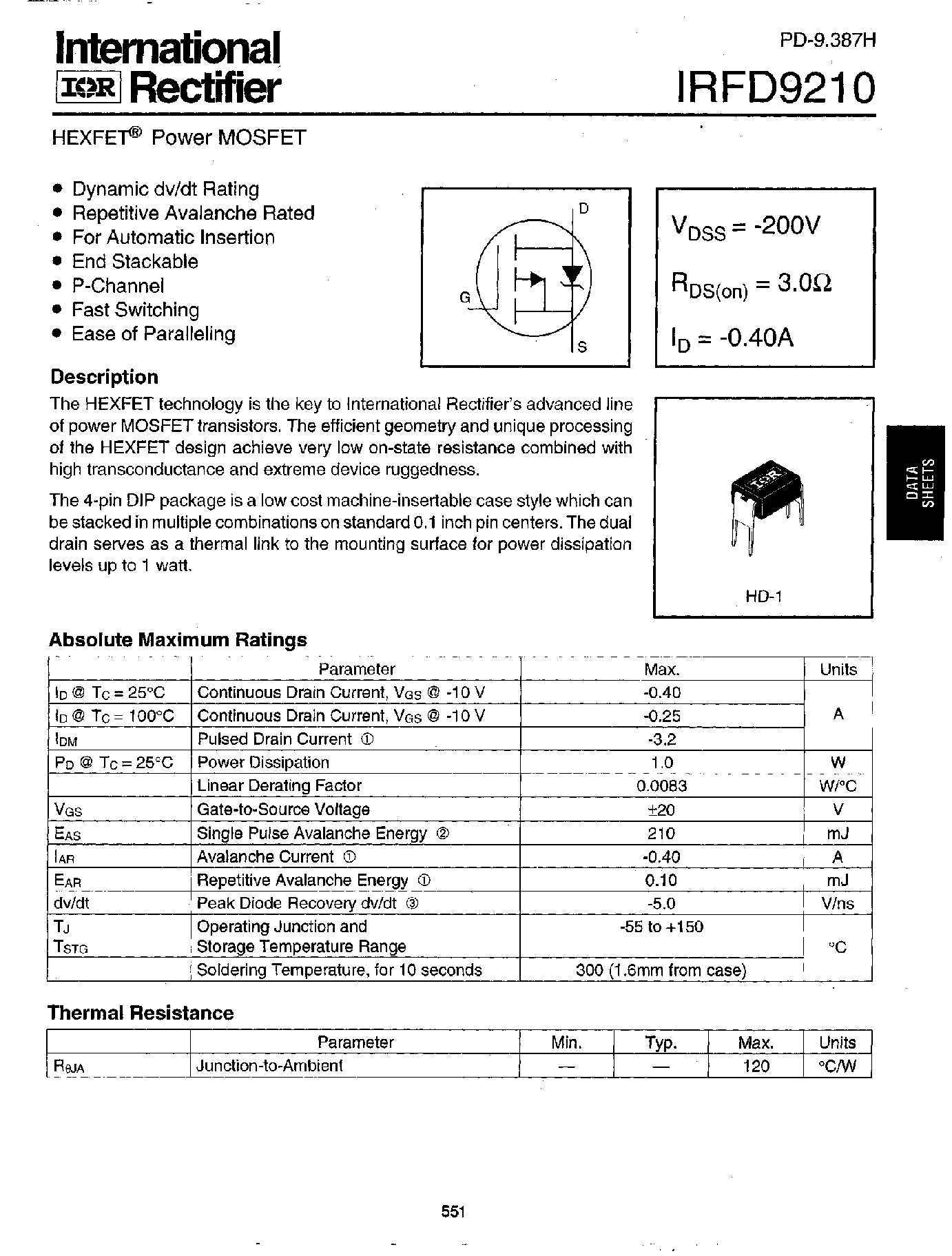 Datasheet IRFD9210 - Power MOSFET(Vdss=-200V/ Rds(on)=3.0ohm/ Id=-0.40A) page 1