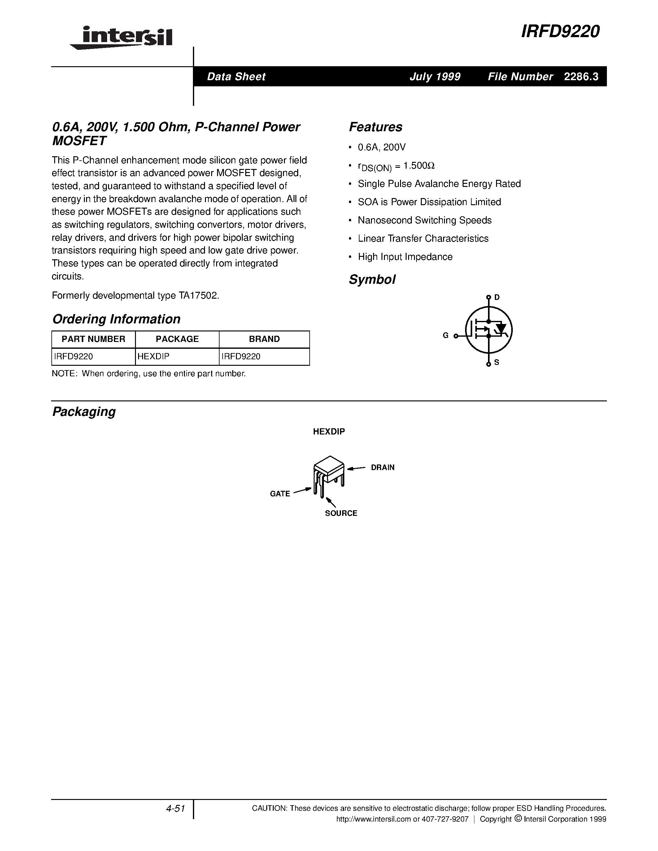 Datasheet IRFD9220 page 1 Datasheet IRFD9220 - 0.6A/ 200V/ 1.500 Ohm/ P-Channel Power MOSFET page 1