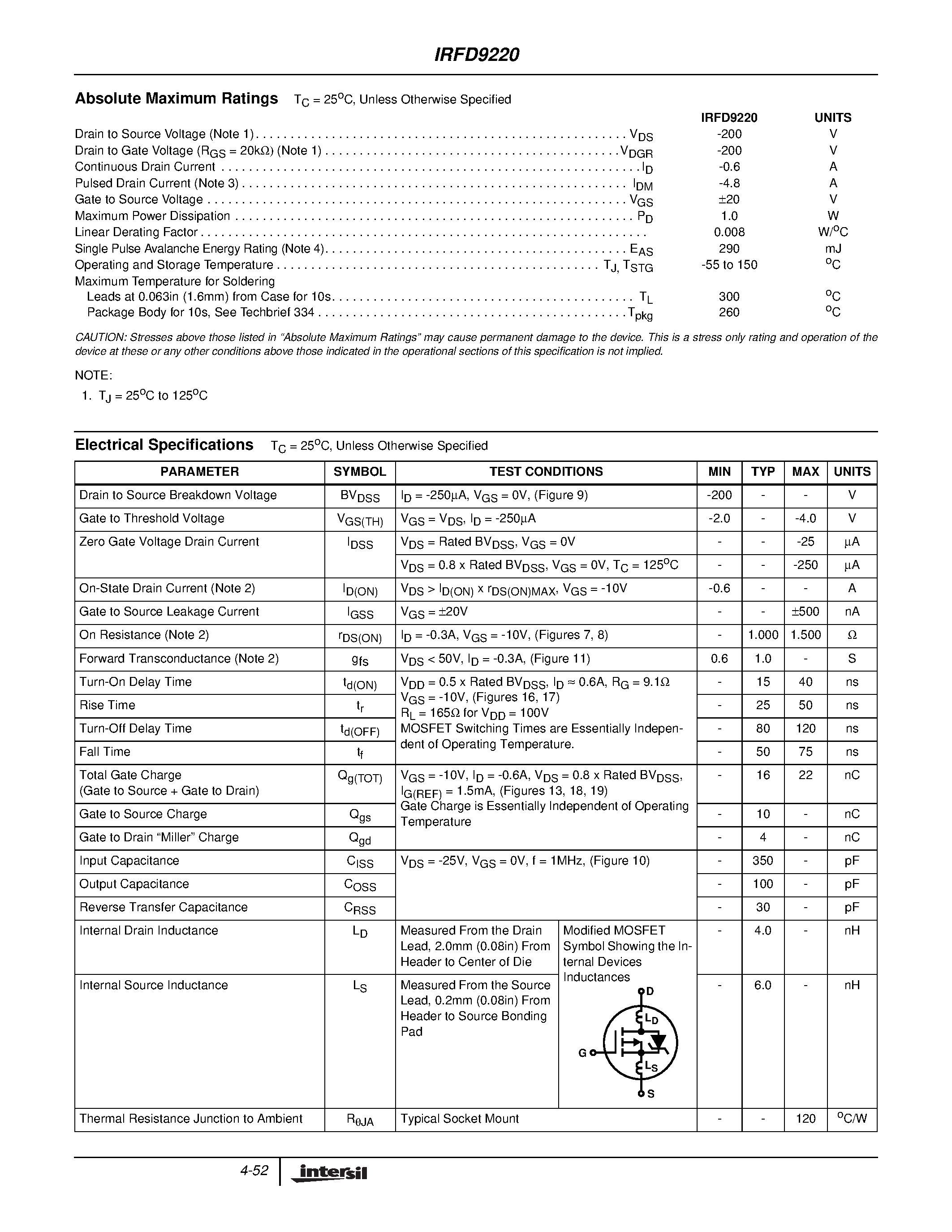 Datasheet IRFD9220 page 2 Datasheet IRFD9220 - 0.6A/ 200V/ 1.500 Ohm/ P-Channel Power MOSFET page 2