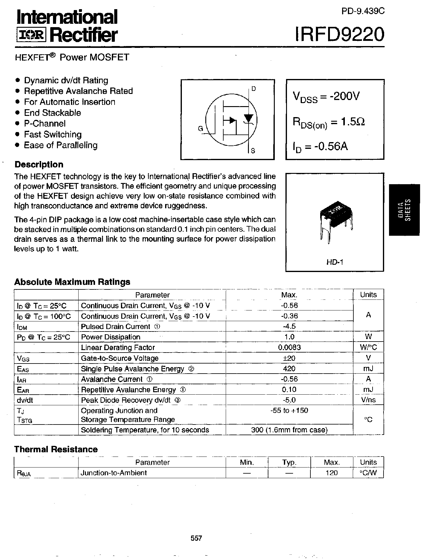 Datasheet IRFD9220 - Power MOSFET(Vdss=-200V/ Rds(on)=1.5ohm/ Id=-0.56A) page 1