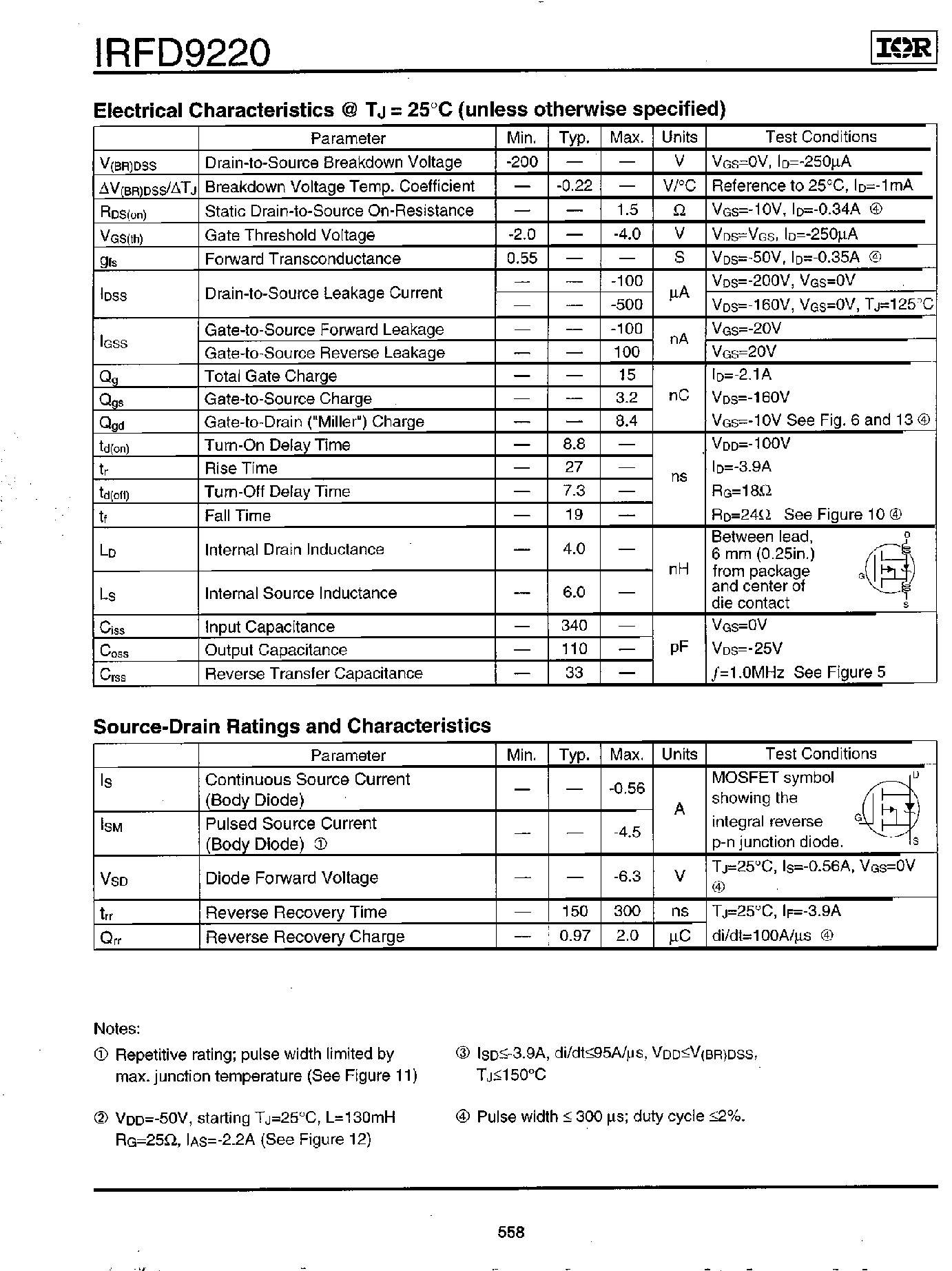 Datasheet IRFD9220 - Power MOSFET(Vdss=-200V/ Rds(on)=1.5ohm/ Id=-0.56A) page 2