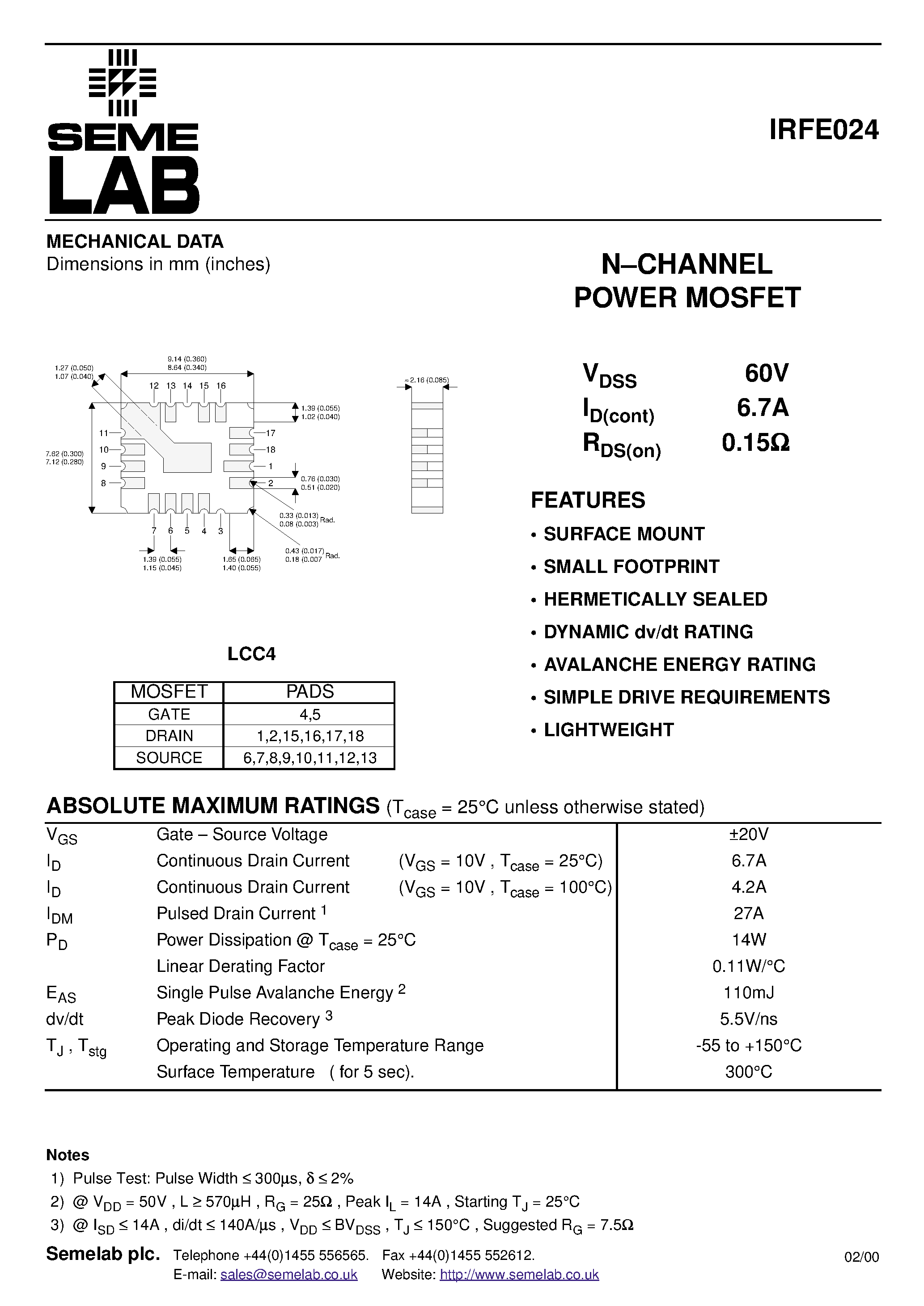 Datasheet IRFE024 - N-CHANNEL POWER MOSFET page 1