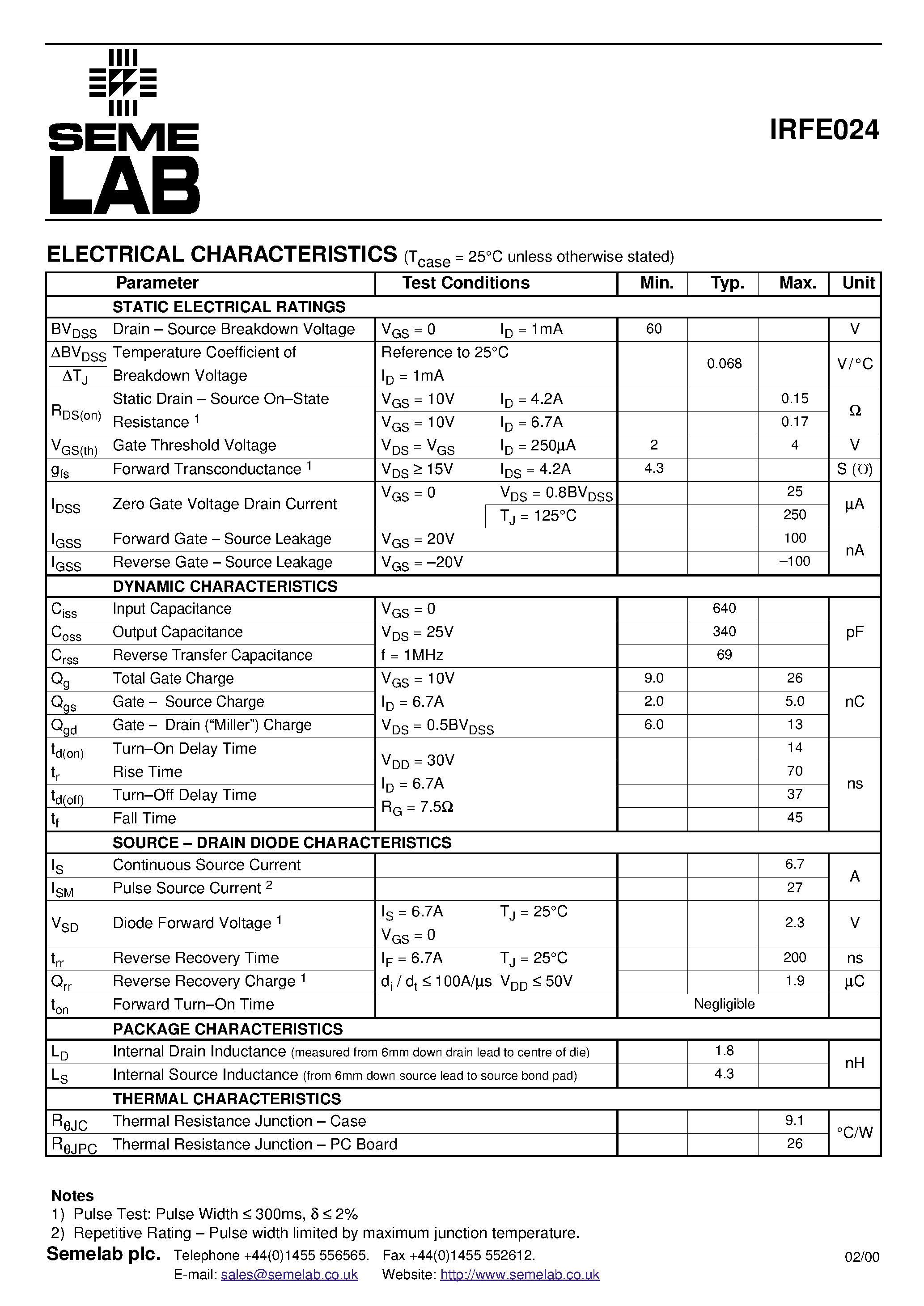 Datasheet IRFE024 - N-CHANNEL POWER MOSFET page 2
