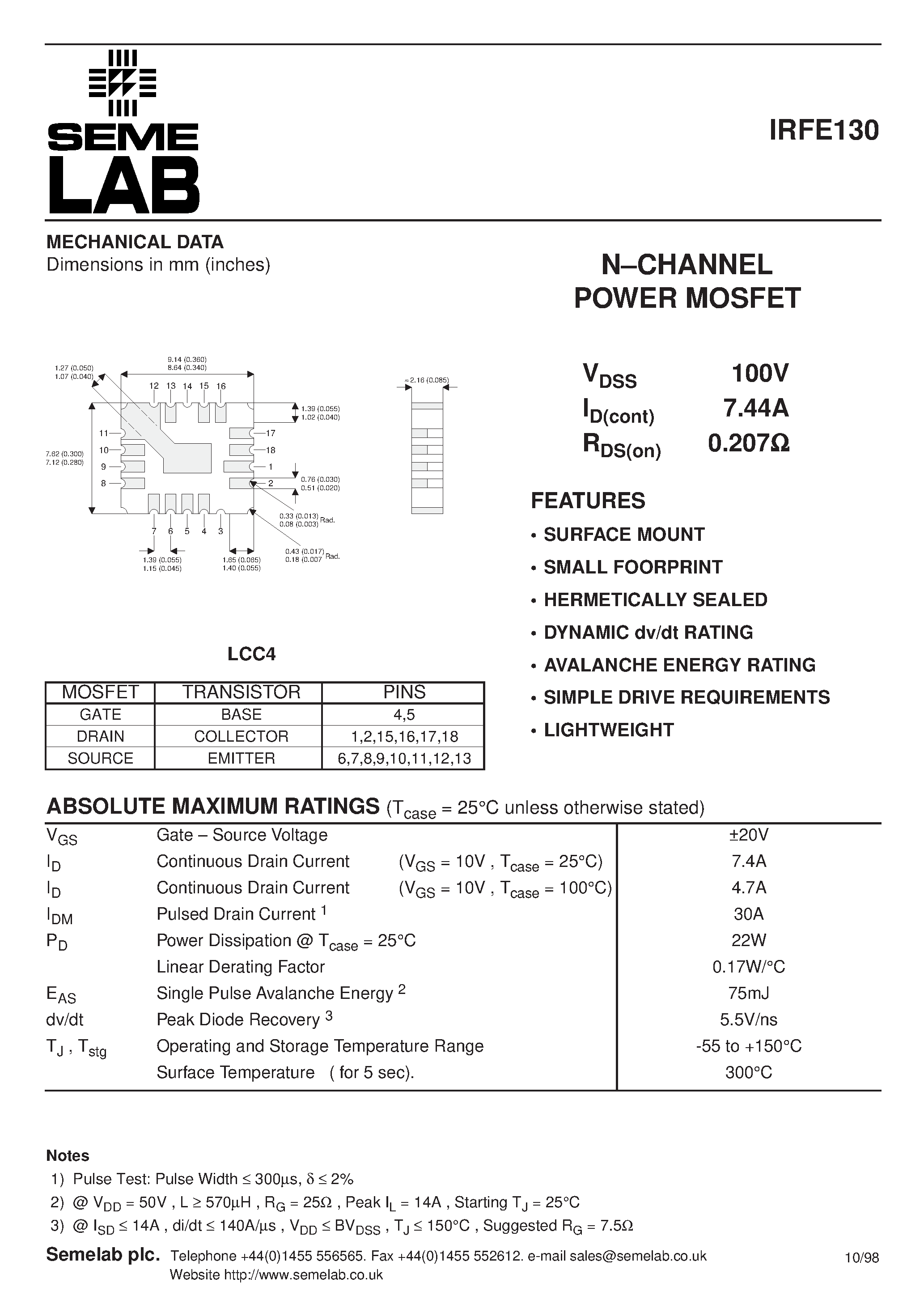 Datasheet IRFE130 - N-CHANNEL POWER MOSFET page 1