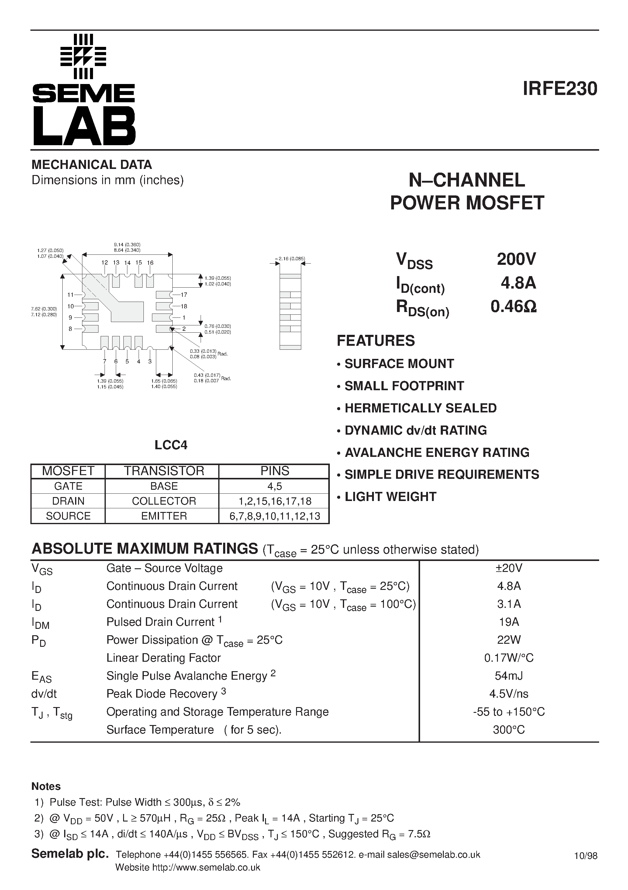 Datasheet IRFE230 - N-CHANNEL POWER MOSFET page 1