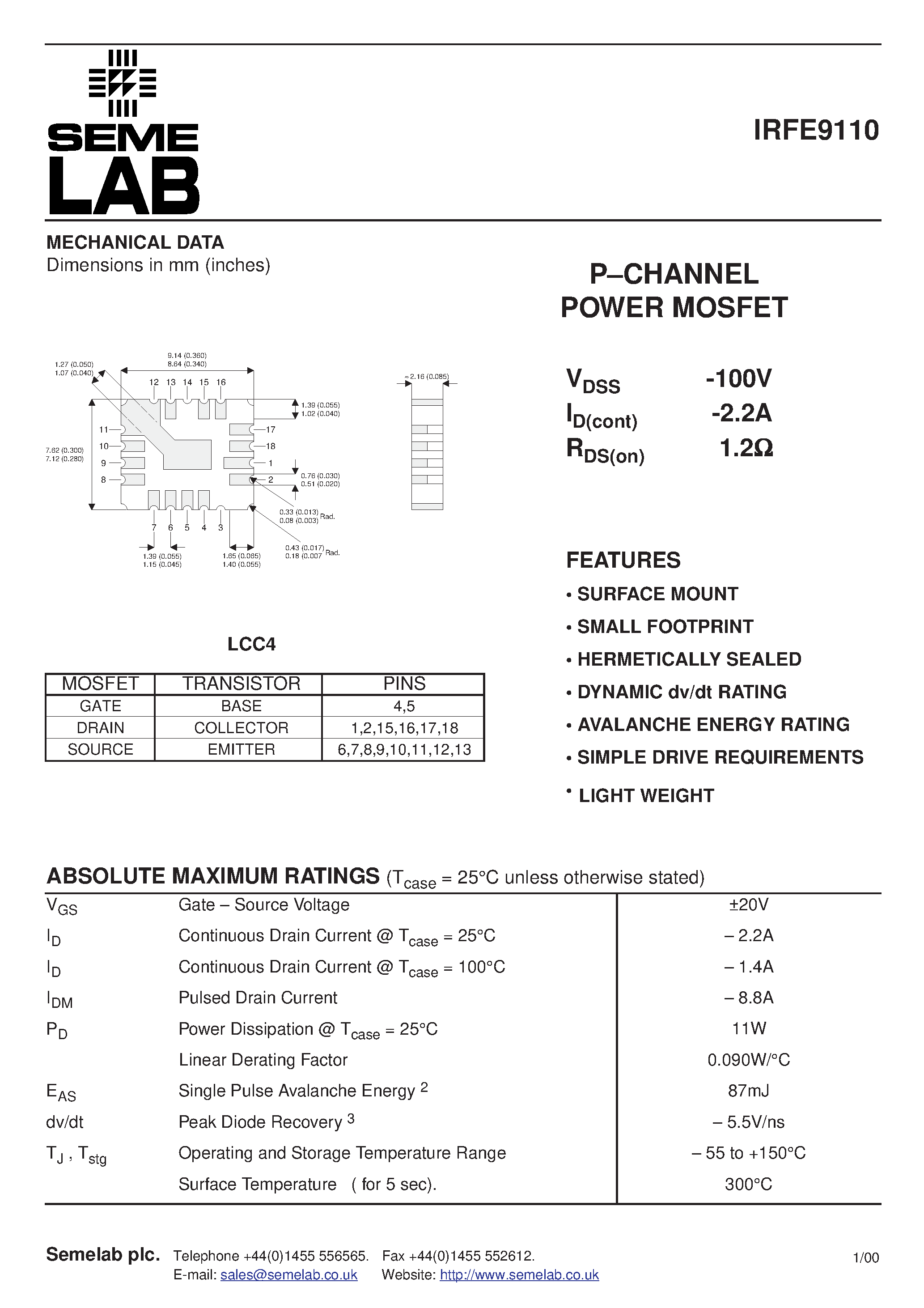 Datasheet IRFE9110 page 1 Datasheet IRFE9110 - P-CHANNEL POWER MOSFET page 1