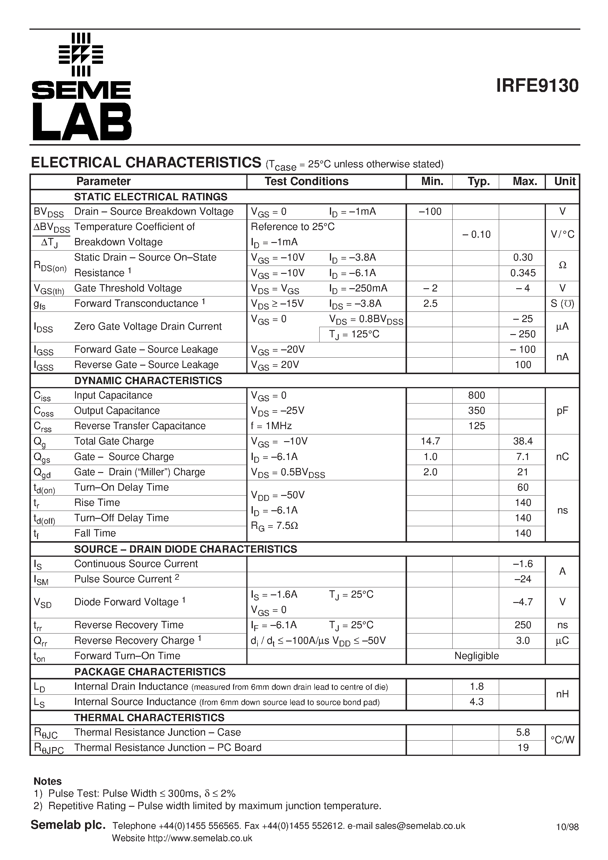 Datasheet IRFE9130 page 2 Datasheet IRFE9130 - P-CHANNEL POWER MOSFET page 2