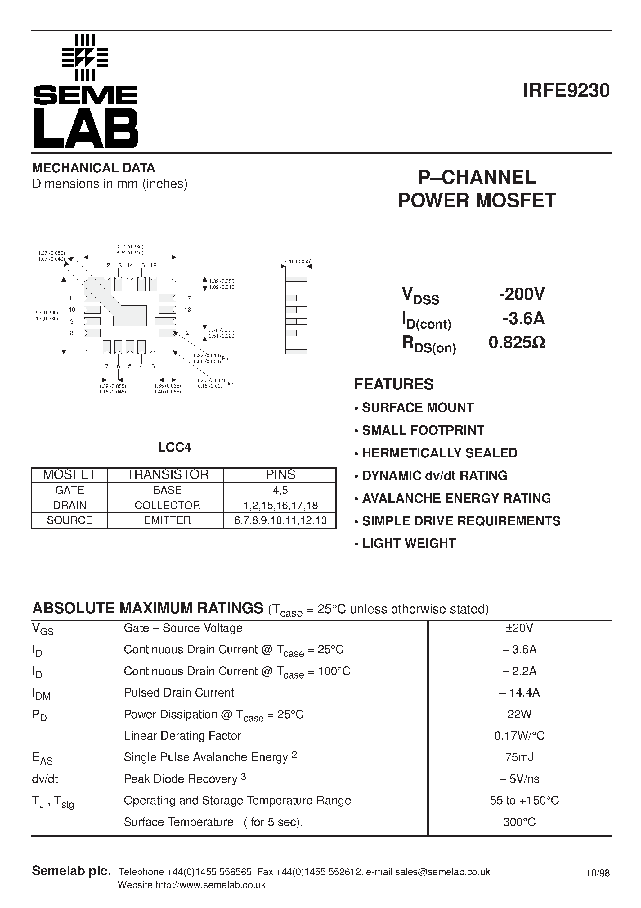 Datasheet IRFE9230 - P-CHANNEL POWER MOSFET page 1