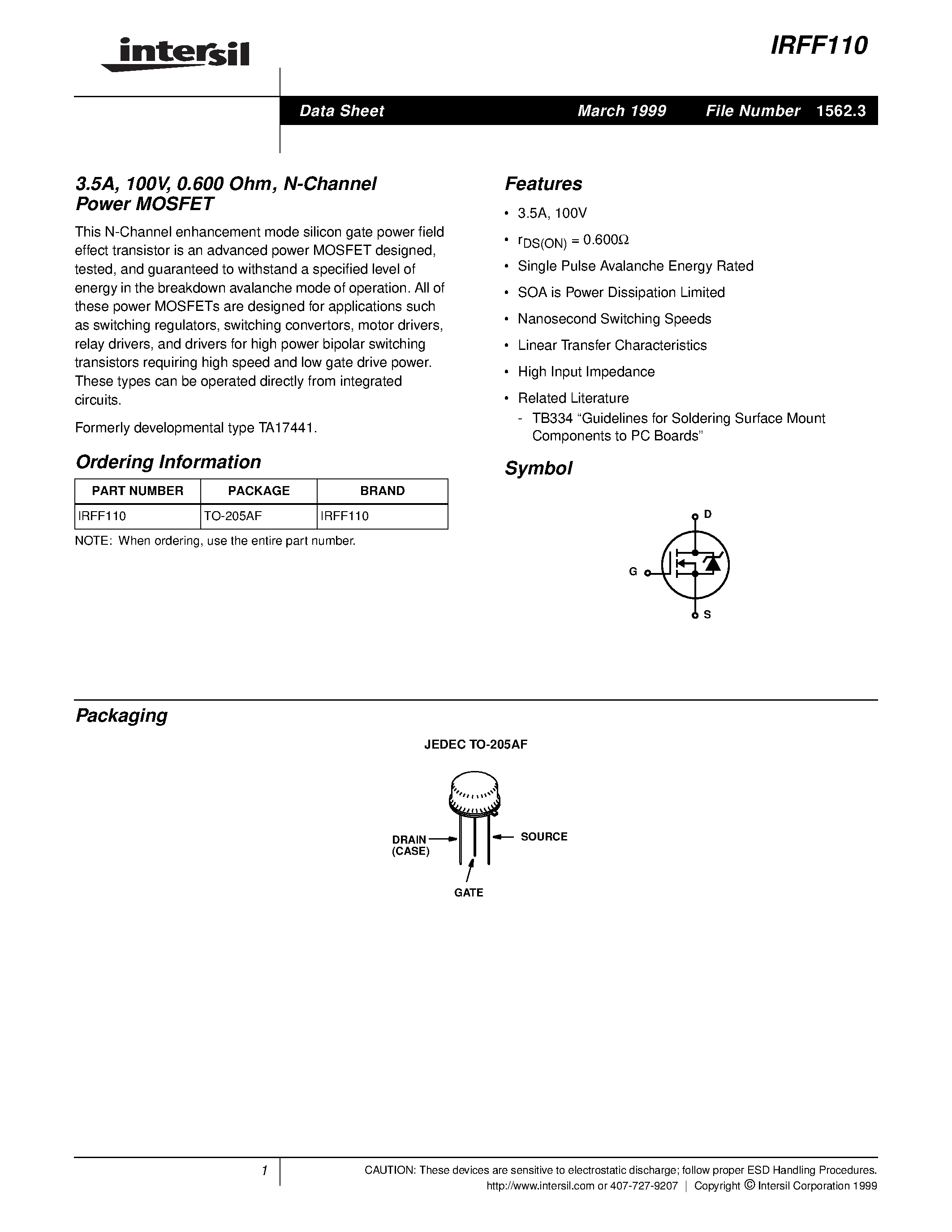 Datasheet IRFF110 - 3.5A/ 100V/ 0.600 Ohm/ N-Channel Power MOSFET page 1
