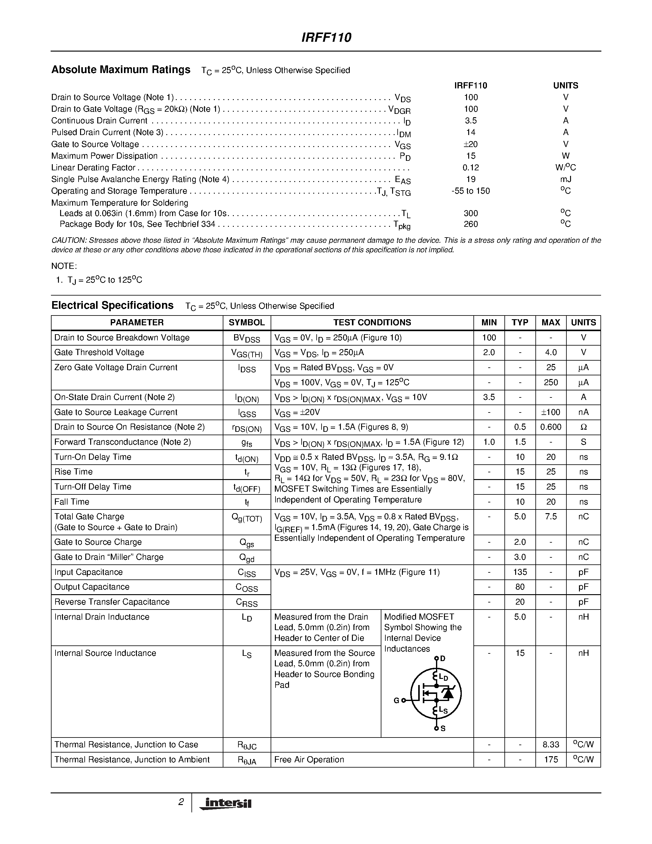 Datasheet IRFF110 - 3.5A/ 100V/ 0.600 Ohm/ N-Channel Power MOSFET page 2