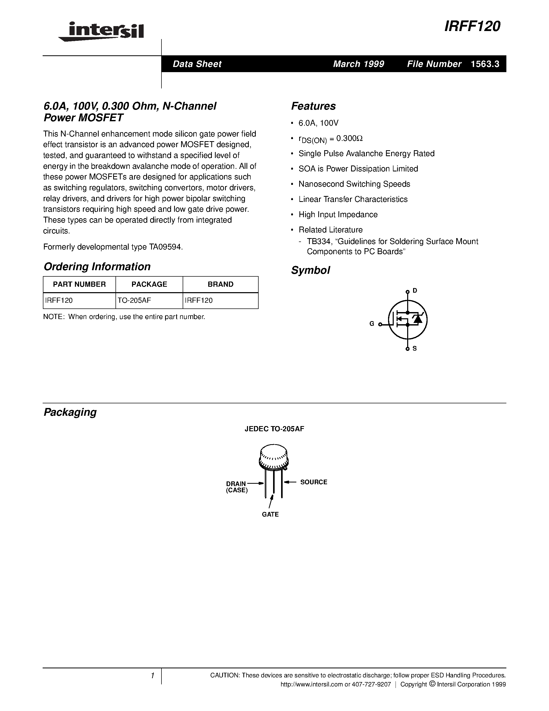 Datasheet IRFF120 - 6.0A/ 100V/ 0.300 Ohm/ N-Channel Power MOSFET page 1