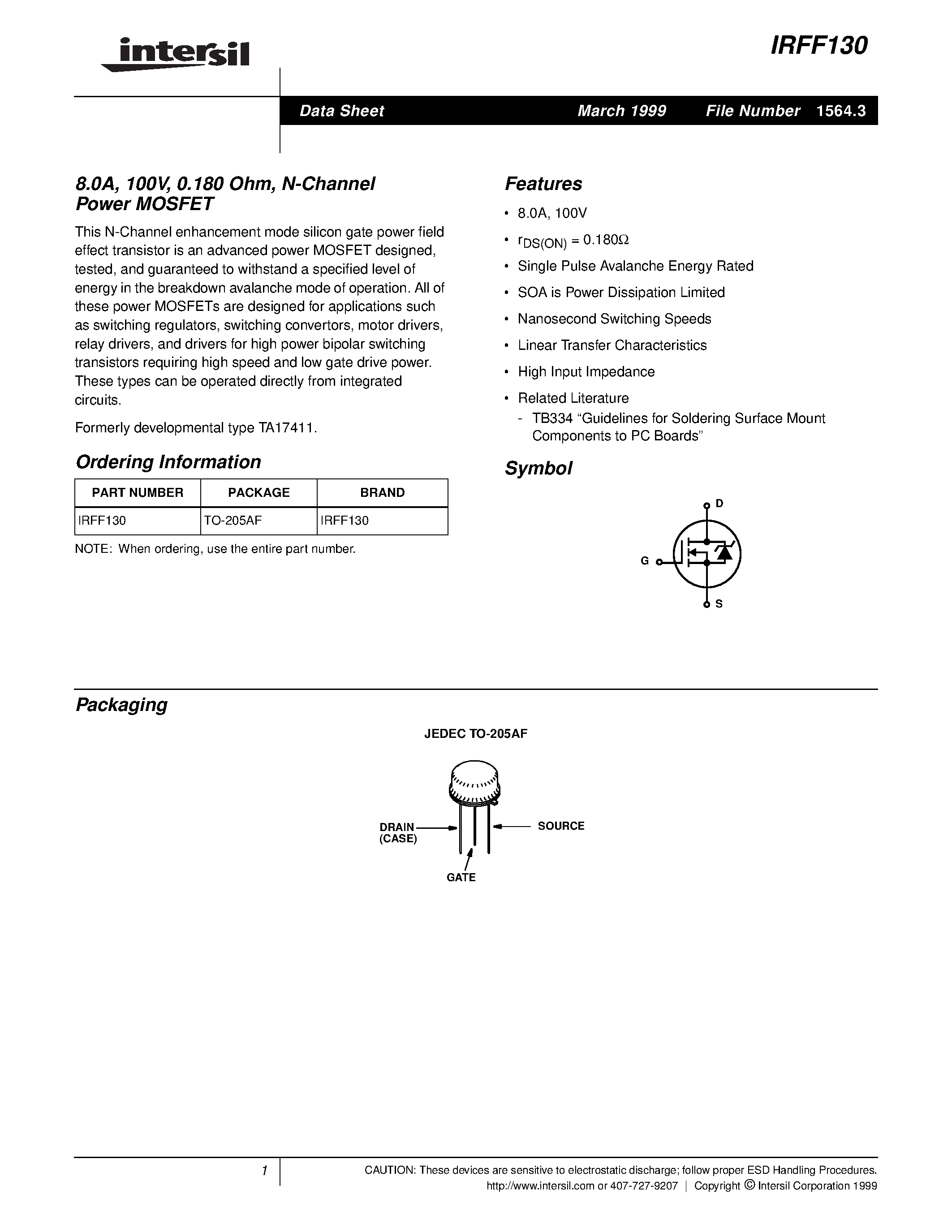 Datasheet IRFF130 - 8.0A/ 100V/ 0.180 Ohm/ N-Channel Power MOSFET page 1