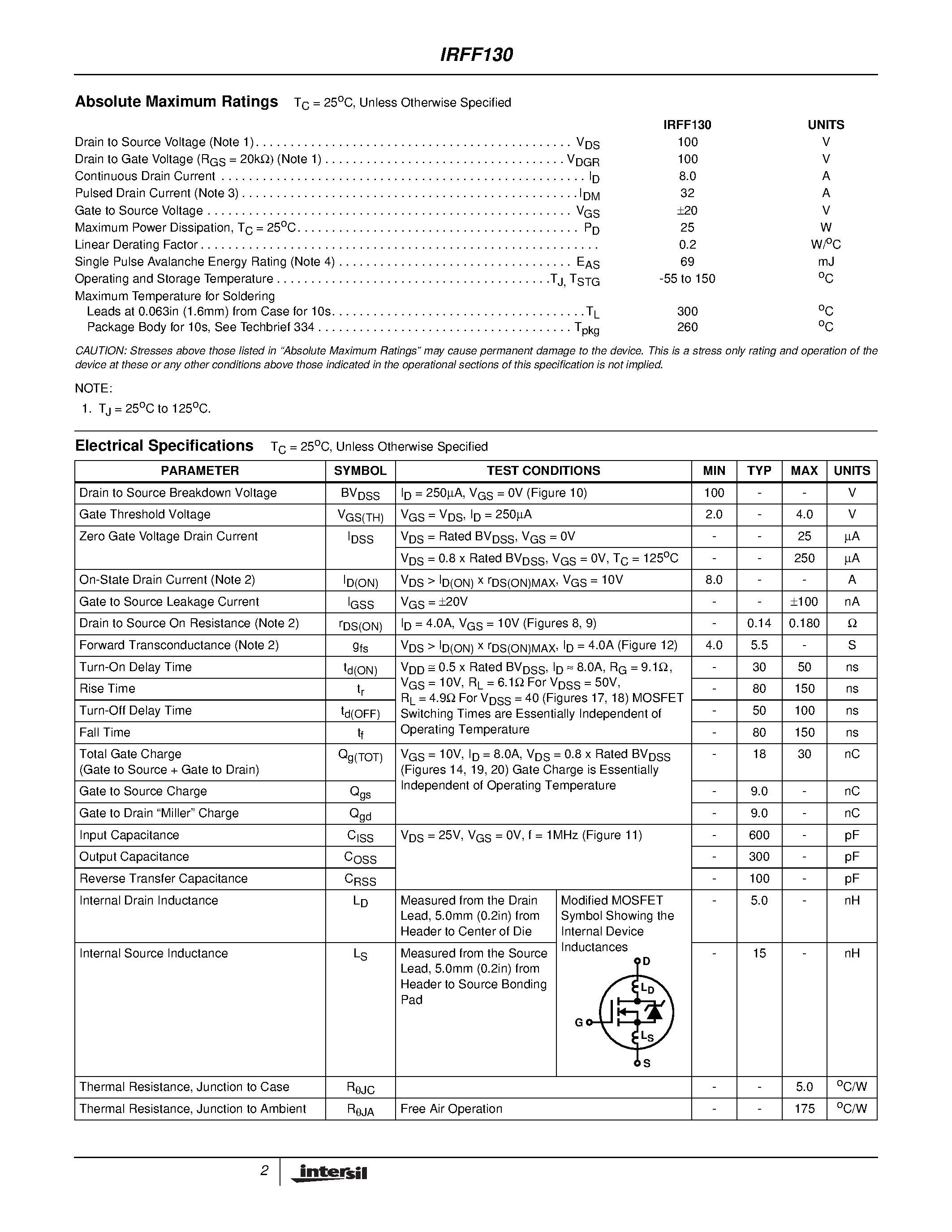 Datasheet IRFF130 - 8.0A/ 100V/ 0.180 Ohm/ N-Channel Power MOSFET page 2