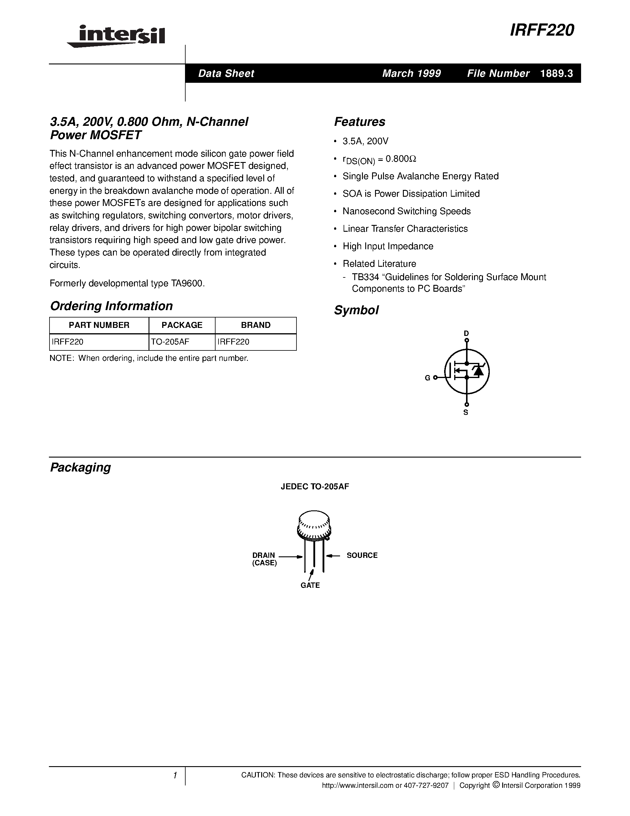 Datasheet IRFF220 - 3.5A/ 200V/ 0.800 Ohm/ N-Channel Power MOSFET page 1