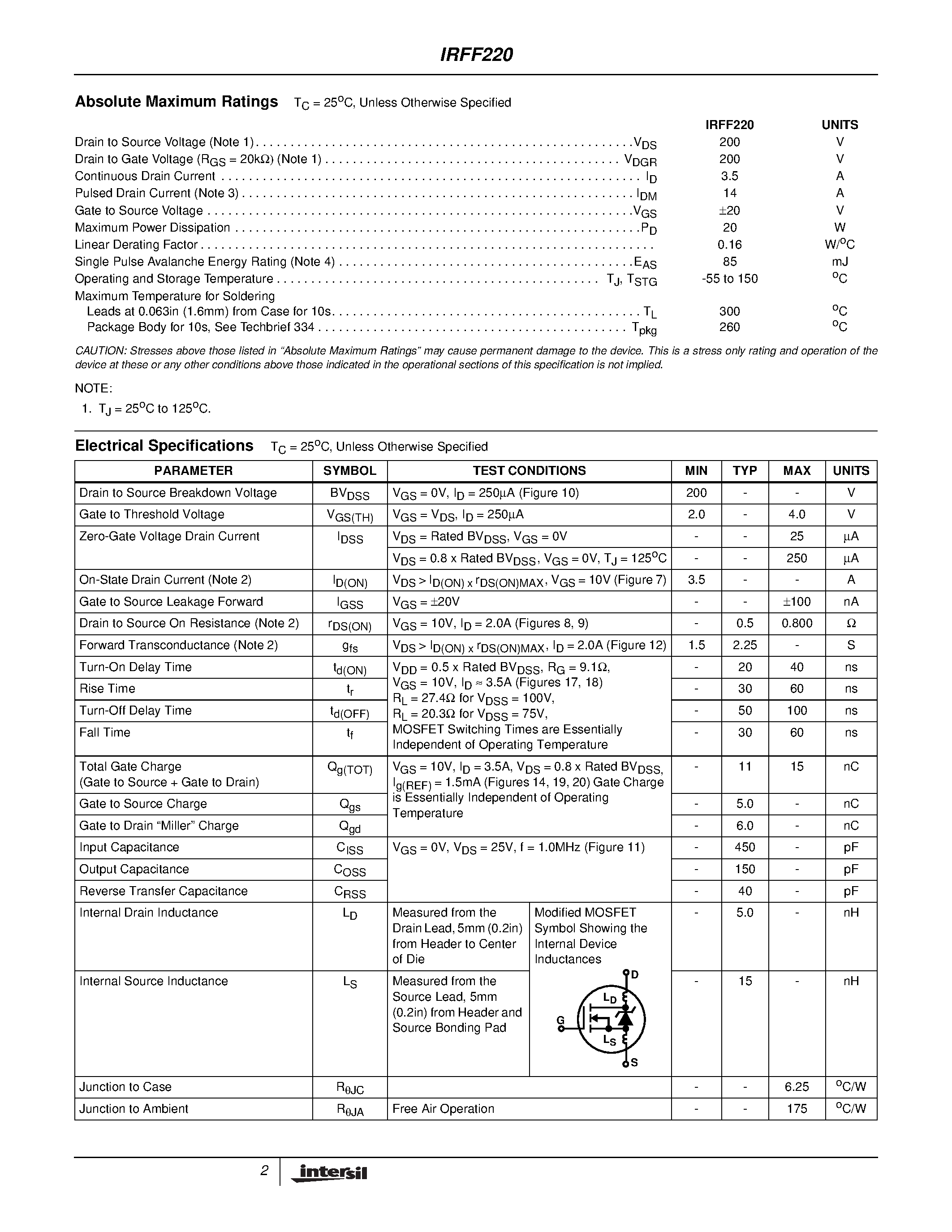 Datasheet IRFF220 - 3.5A/ 200V/ 0.800 Ohm/ N-Channel Power MOSFET page 2