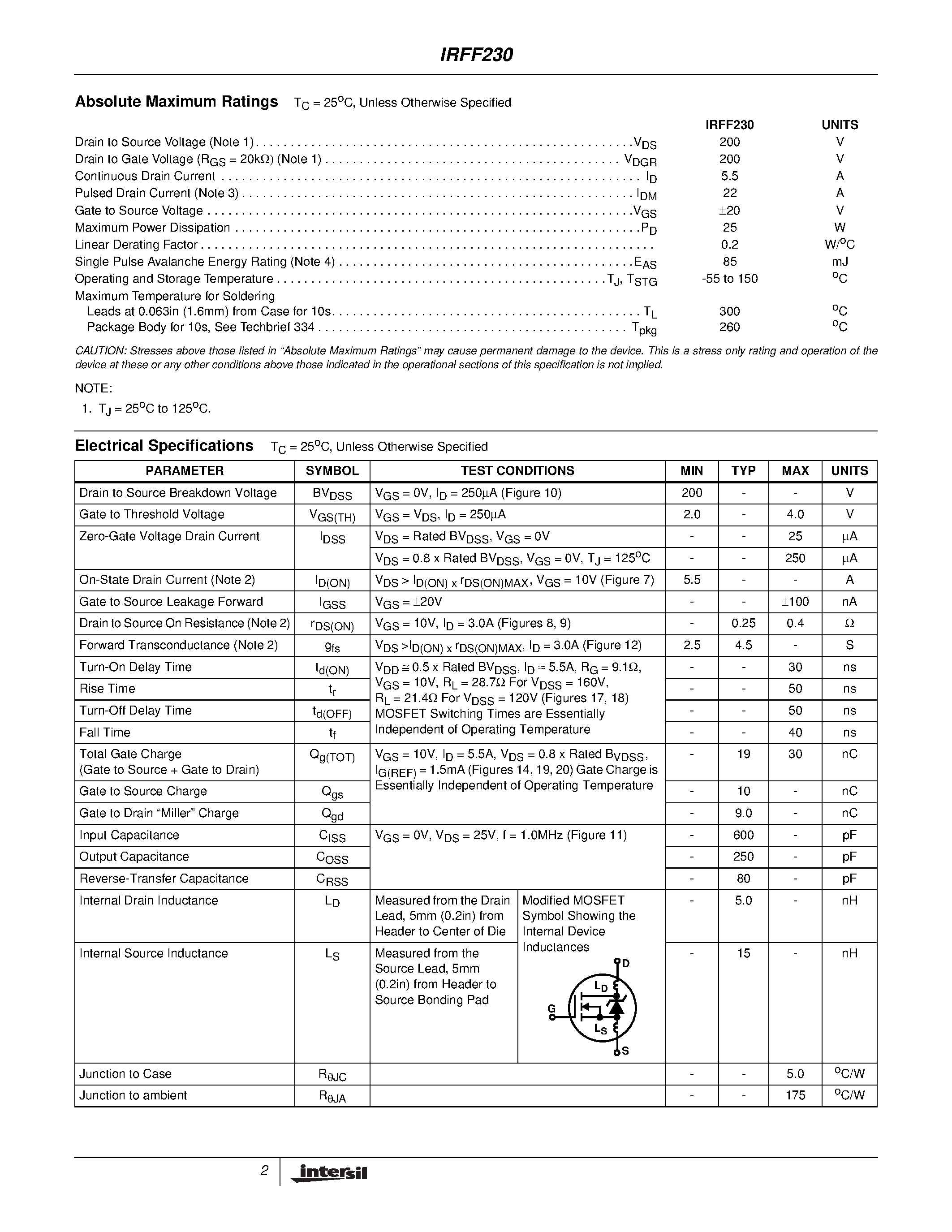 Даташит на микросхему IRFF230 страница 2 Даташит IRFF230 - 5.5A/ 200V/ 0.400 Ohm/ N-Channel Power MOSFET страница 2