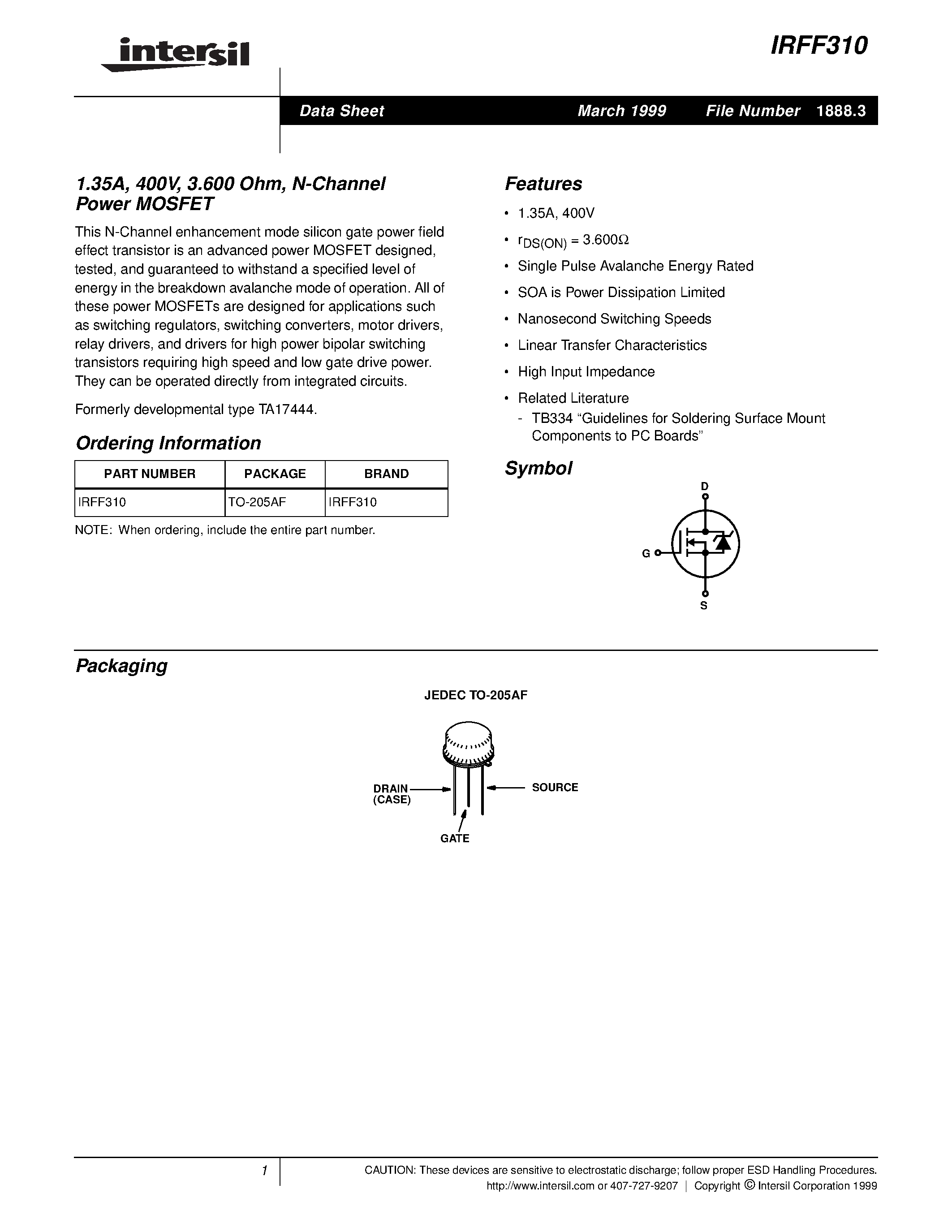 Datasheet IRFF310 - 1.35A/ 400V/ 3.600 Ohm/ N-Channel Power MOSFET page 1