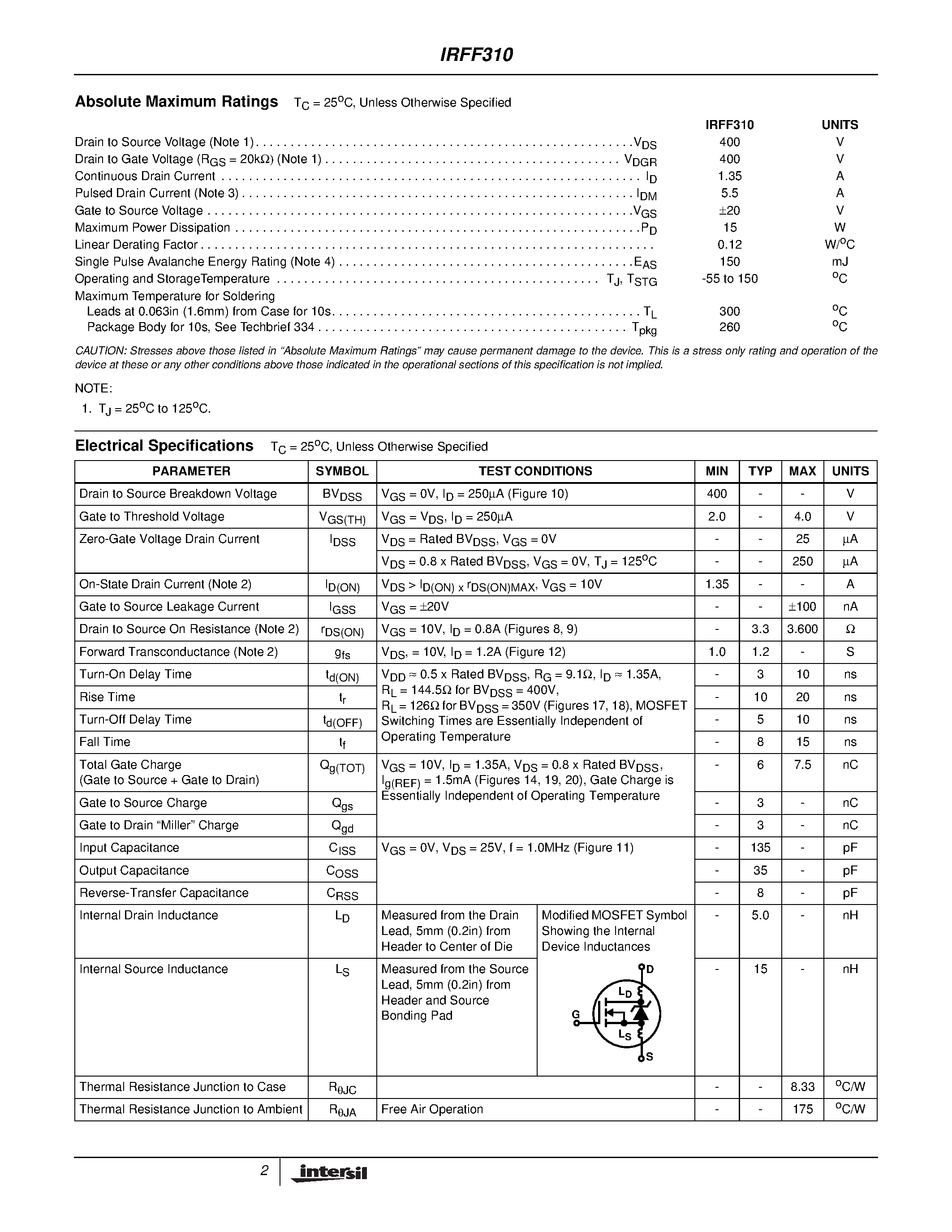 Datasheet IRFF310 - 1.35A/ 400V/ 3.600 Ohm/ N-Channel Power MOSFET page 2