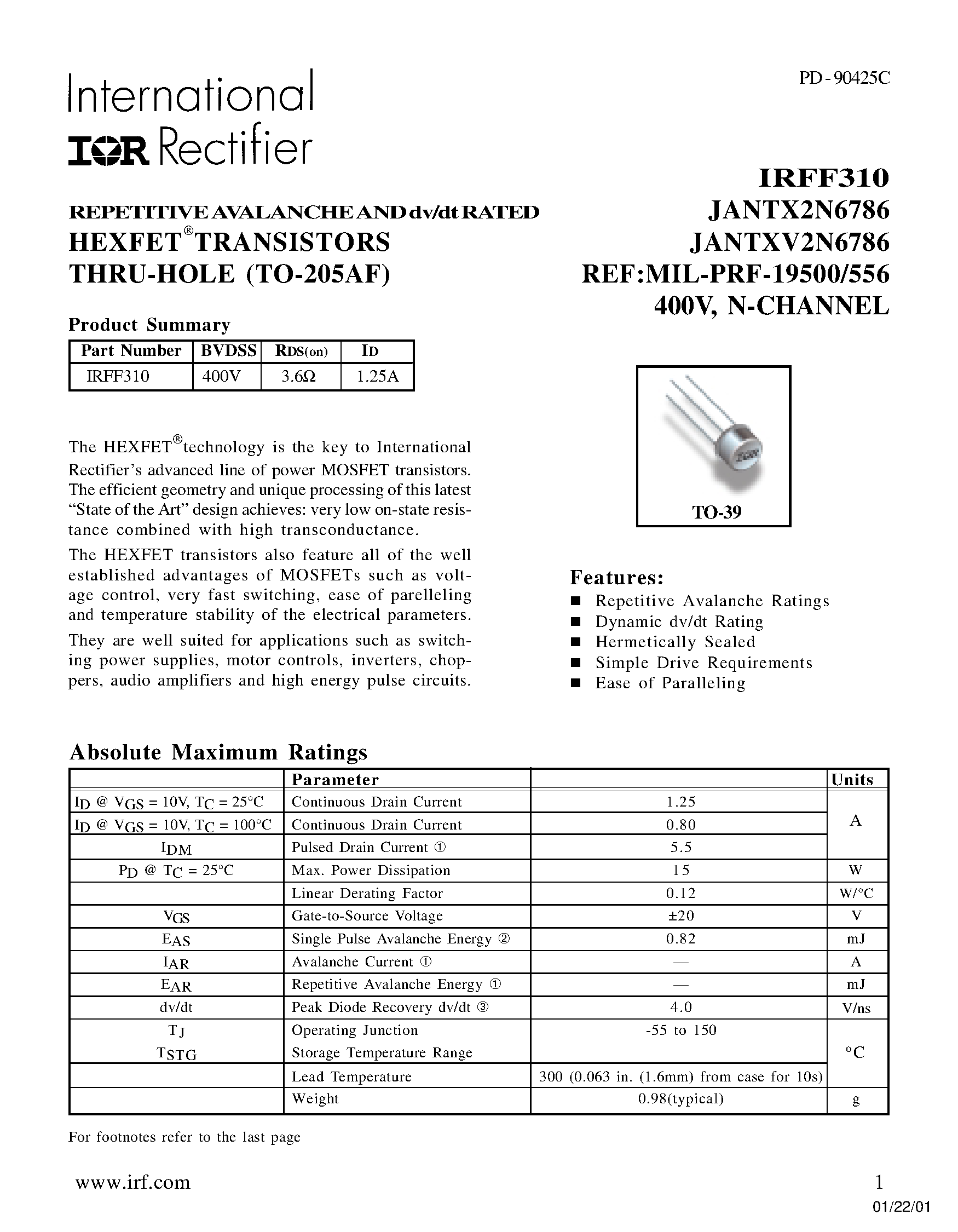 Datasheet IRFF310 - REPETITIVE AVALANCHE AND dv/dt RATED HEXFETTRANSISTORS THRU-HOLE (TO-205AF) page 1